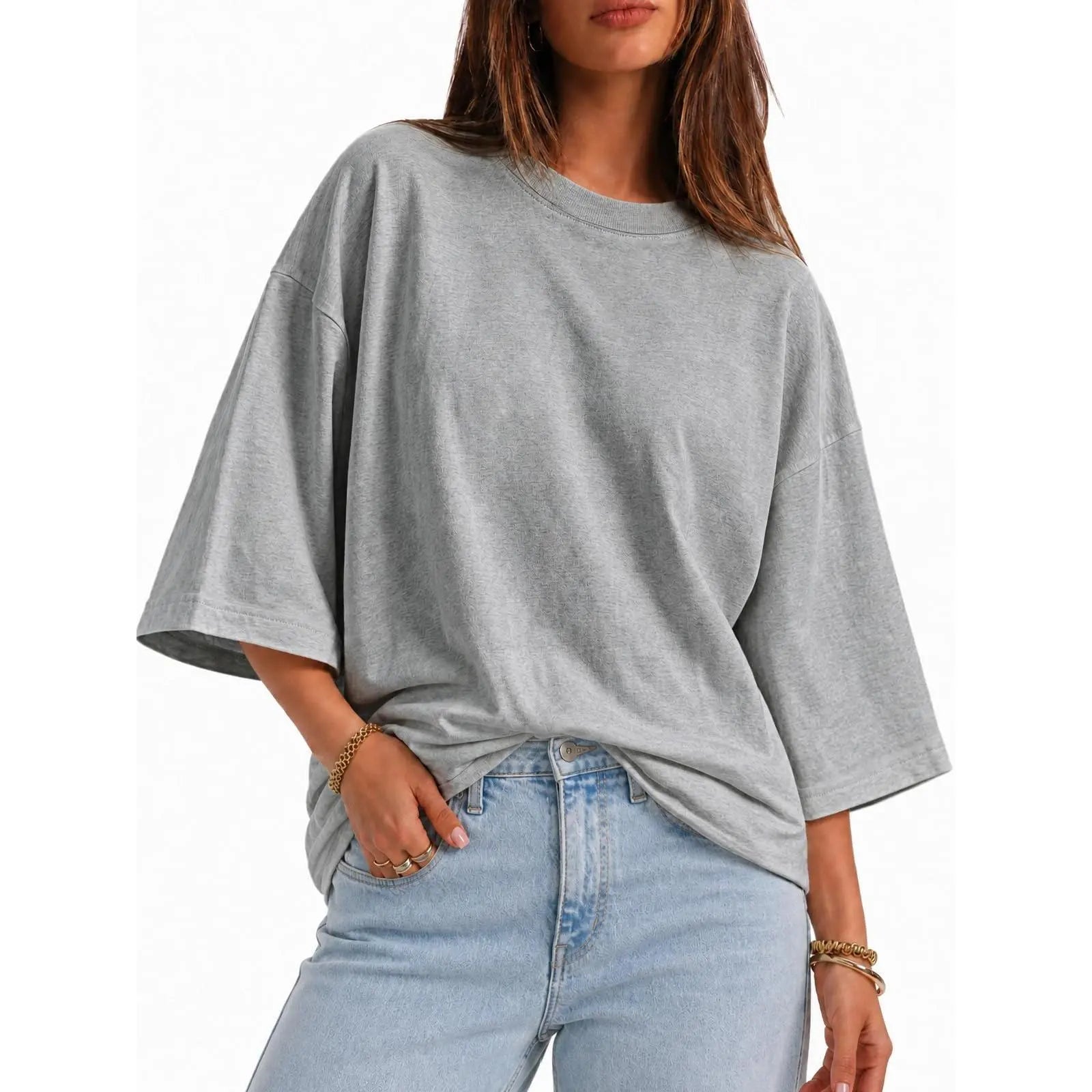 Flowyair Women's Oversized Casual T-Shirt with 3/4 Sleeves - Summer Boxy Loose Fit Crew Neck Basic Top