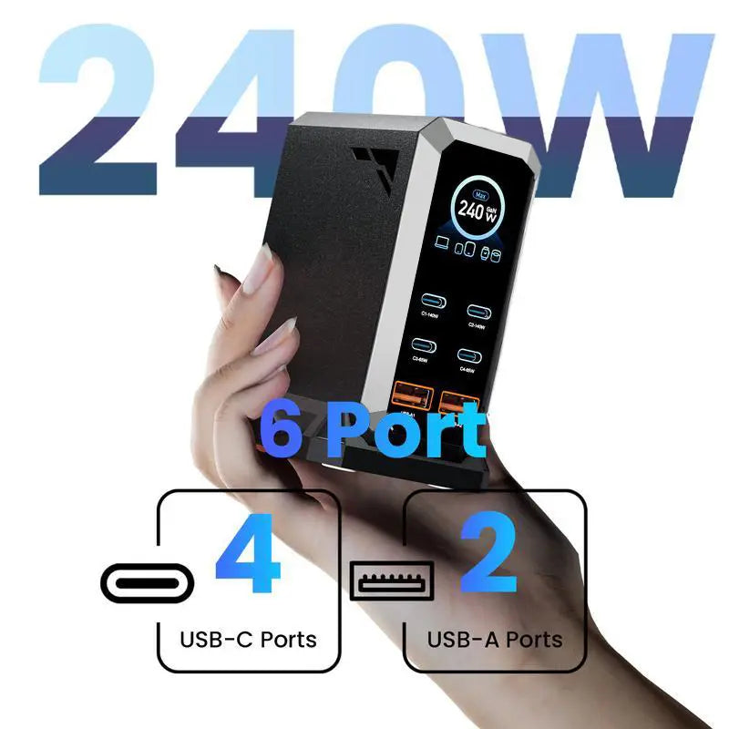 240W Digital USB-C GaN Charging Station with 6 Ports, PD 3.1 140W Fast Charger for MacBook Pro/Air, DELL Laptops, iPhone 17 Pro Max, Samsung Smartphones, and iPads, Black