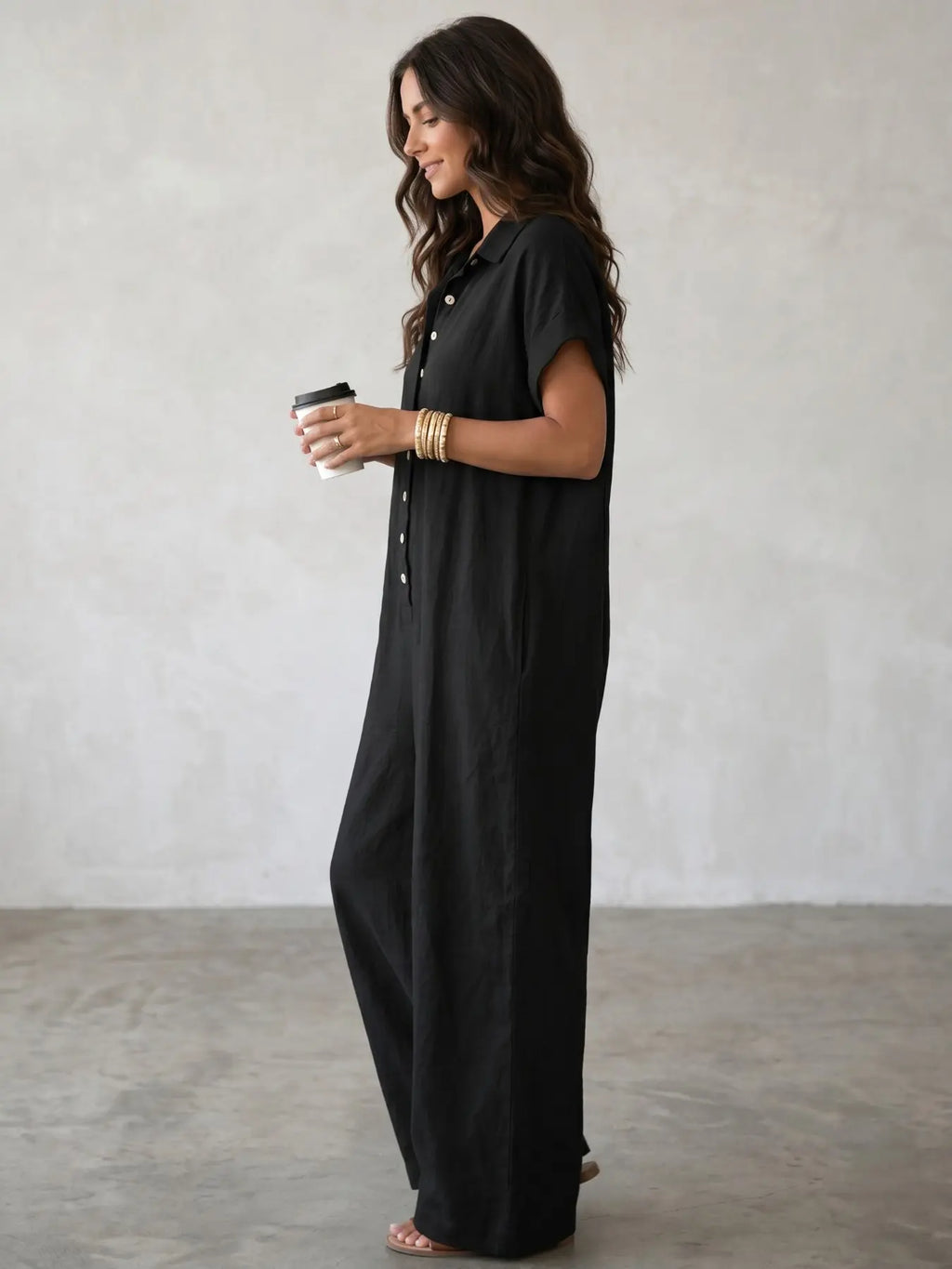 Women's Casual Loose-Fitting Button-Up Jumpsuit with Short Sleeves and Wide Leg Design for Summer