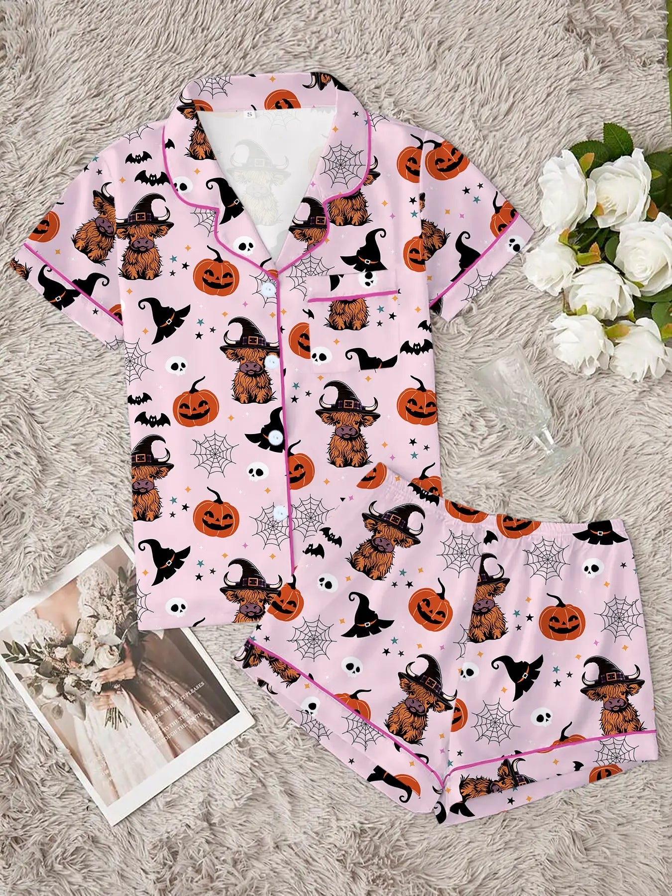 Women'S Halloween Party Pajama Set, Cute Animal Print Short Sleeve Shirt & Elastic Waist Shorts, Comfortable Casual Home Wear