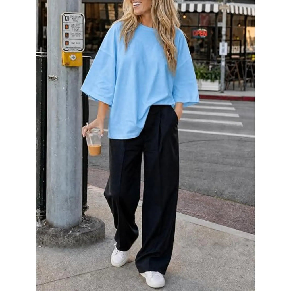 Flowyair Women's Oversized Casual T-Shirt with 3/4 Sleeves - Summer Boxy Loose Fit Crew Neck Basic Top