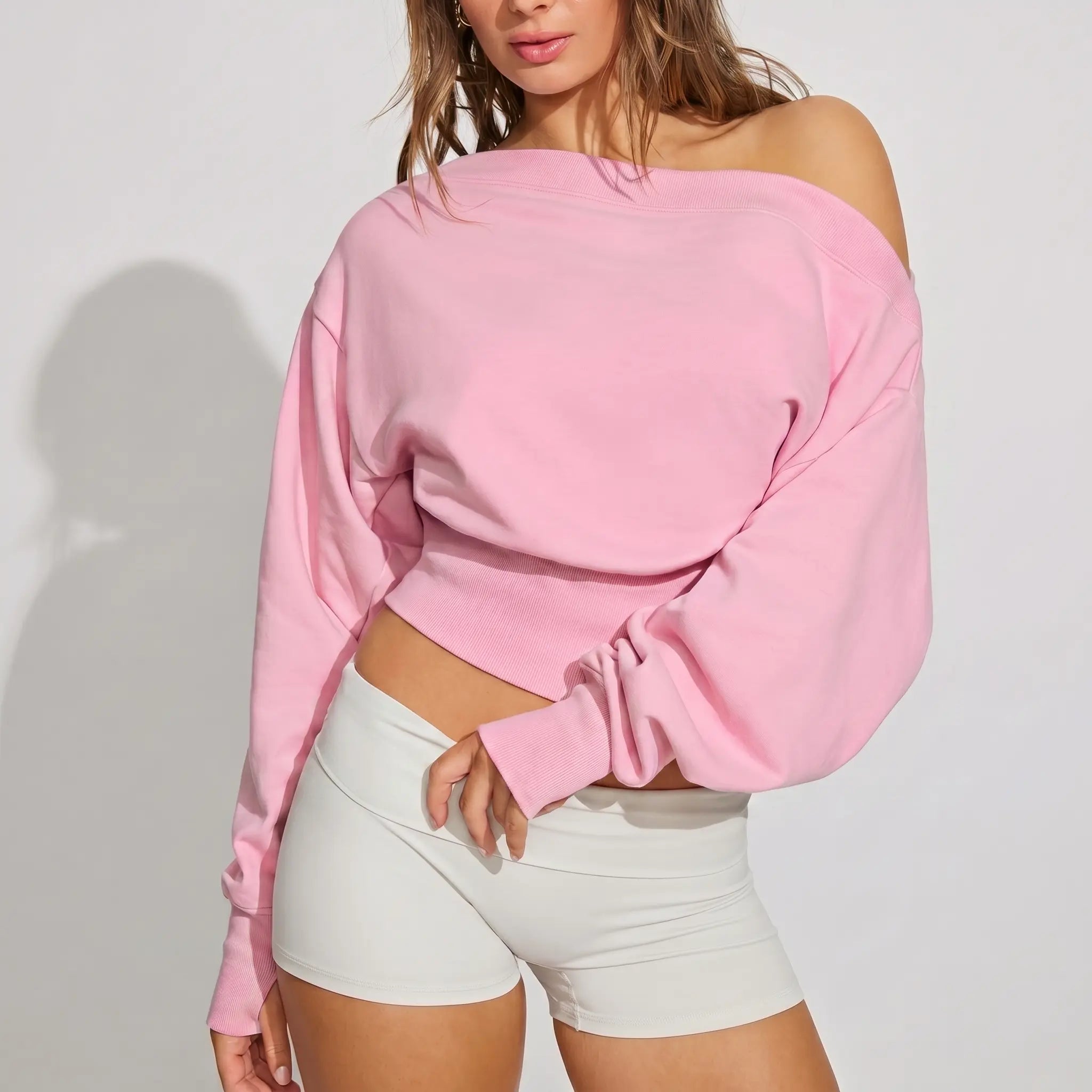Fisoew Women's Autumn/Winter Solid Color Off-Shoulder Sweatshirt - Versatile Elastic Top for Casual Daily Wear and Back-to-School Street Style