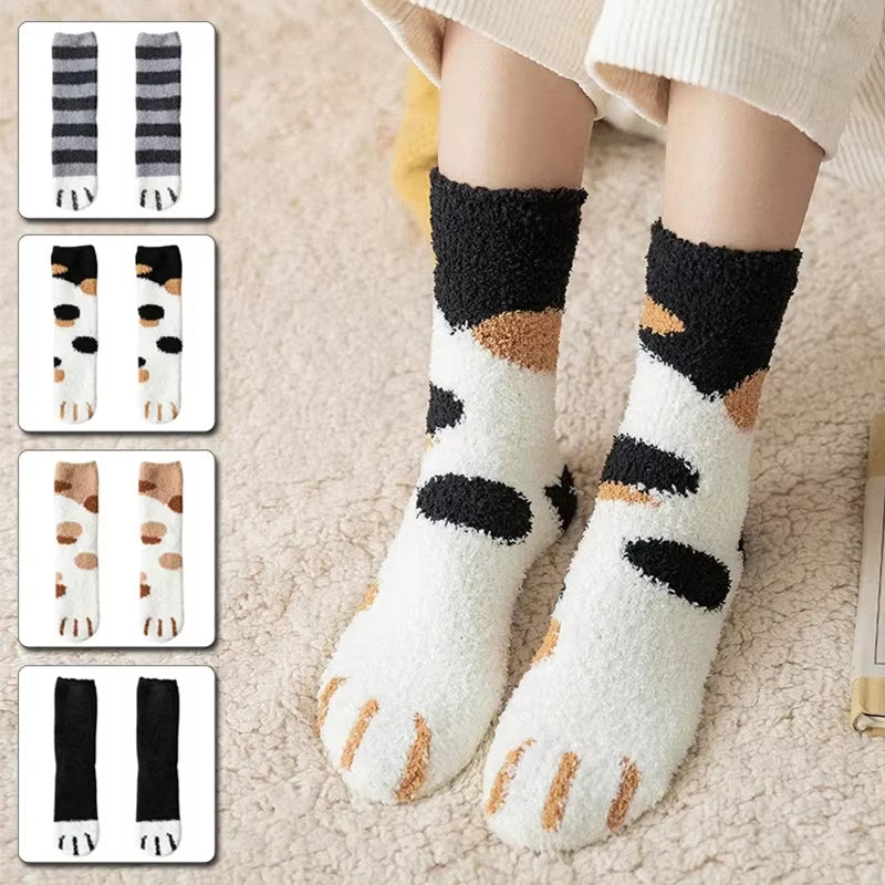 Women's Plush Cotton Socks with Cute Animal Paw Cartoon Design for Comfortable Home and Sleep Wear