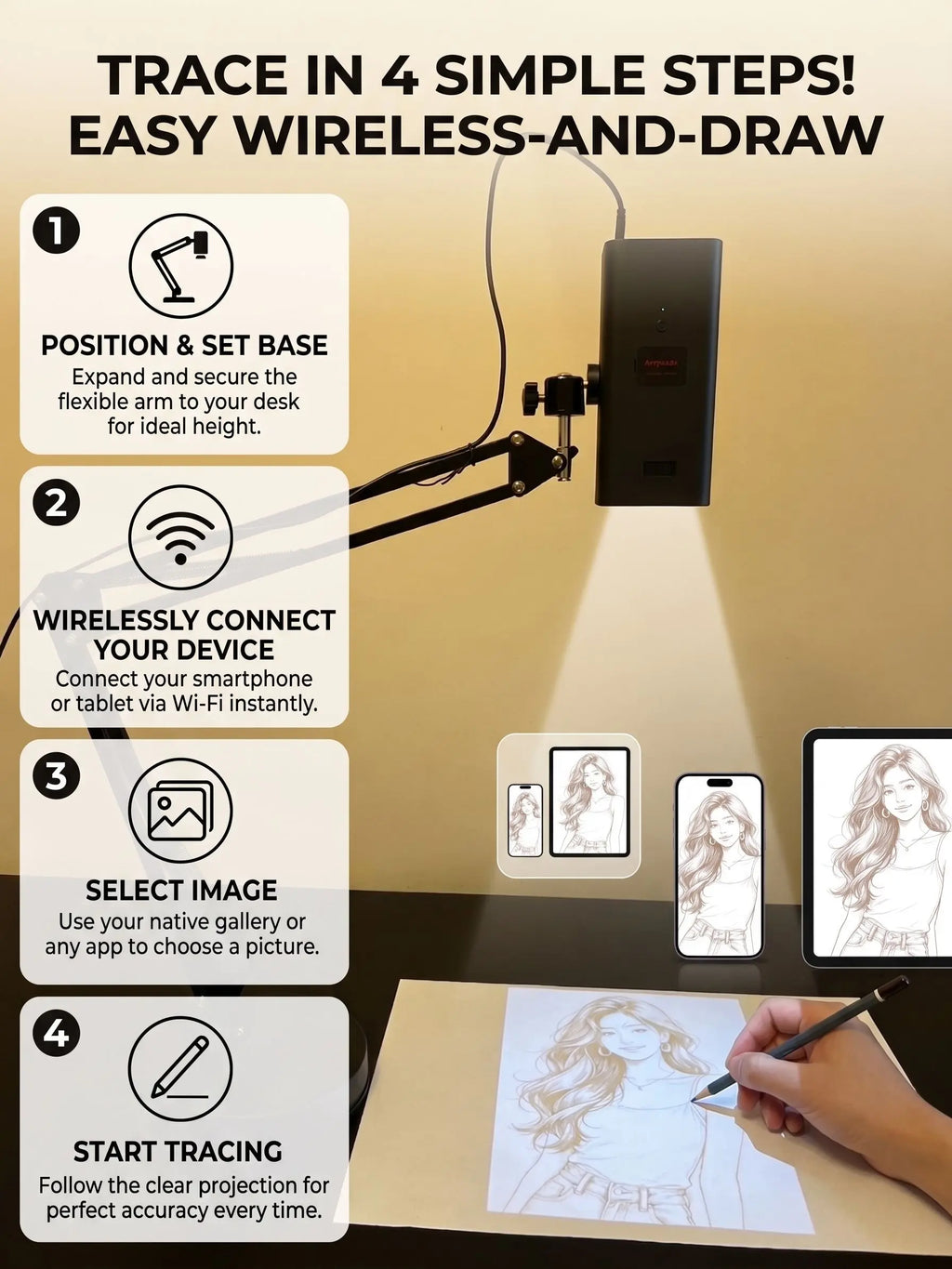 Art Tracing Projector with 360° Adjustable Arm - User-Friendly Digital Drawing Tool for Sketching, Painting, Wall Murals, and Cookie Decoration