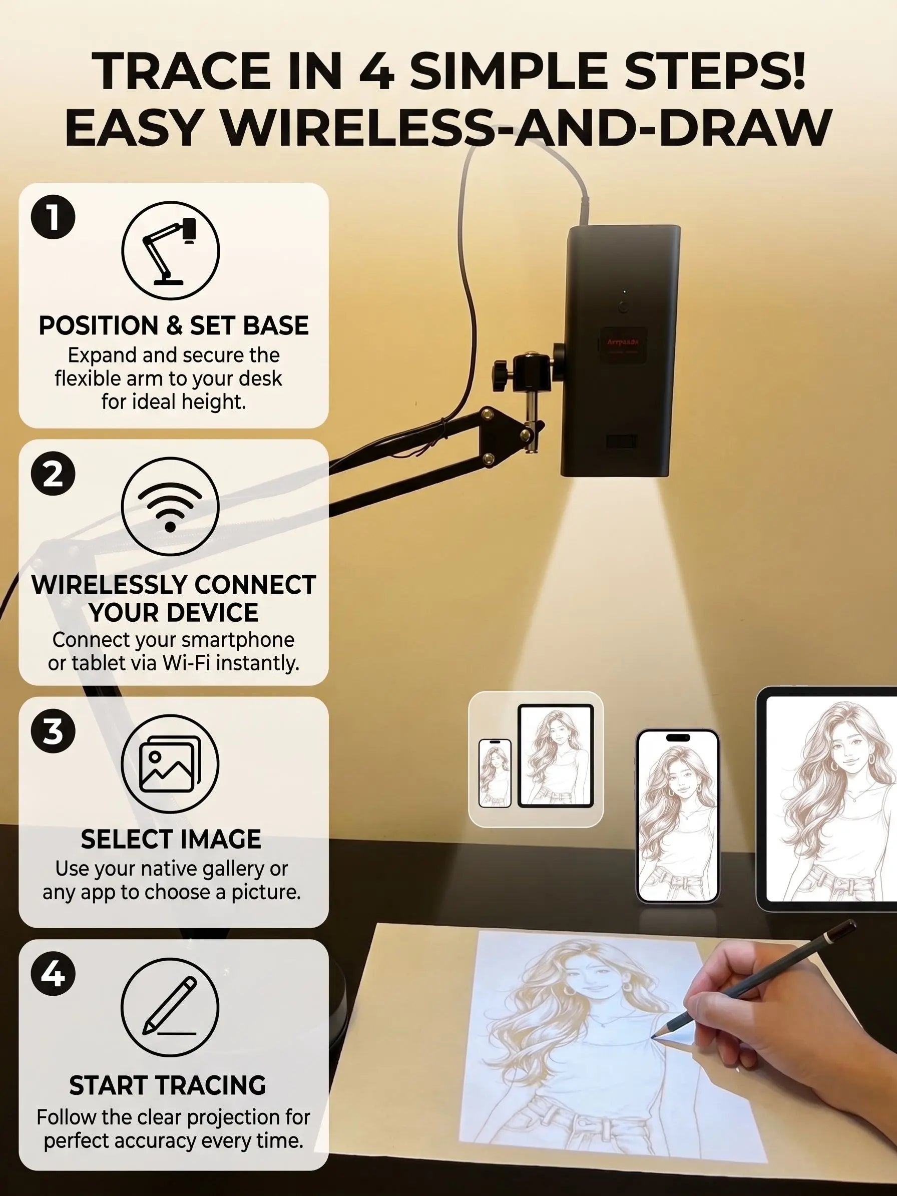 Art Tracing Projector with 360° Adjustable Arm - User-Friendly Digital Drawing Tool for Sketching, Painting, Wall Murals, and Cookie Decoration