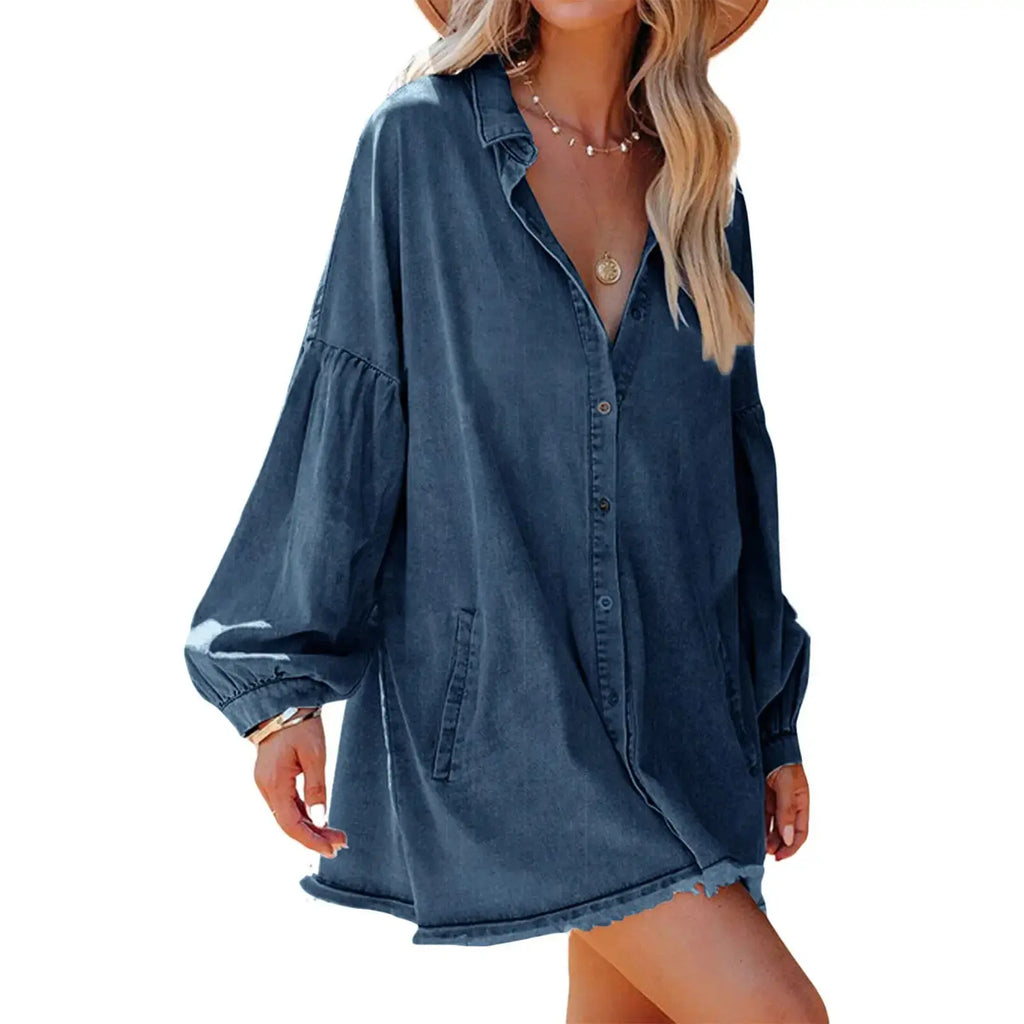 Ebossy Women's Oversized Distressed Denim Button-Down Tunic Dress with Pockets