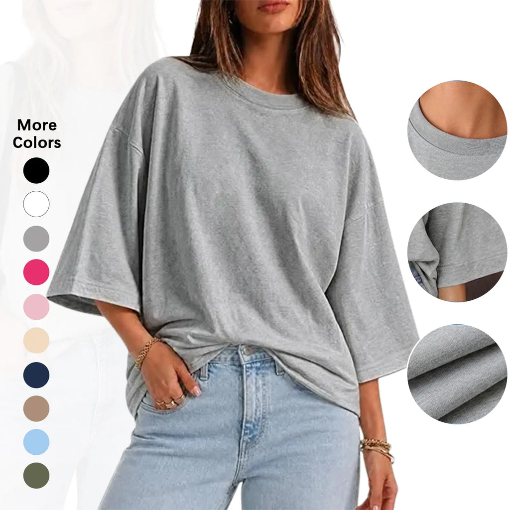 Flowyair Women's Oversized Casual T-Shirt with 3/4 Sleeves - Summer Boxy Loose Fit Crew Neck Basic Top