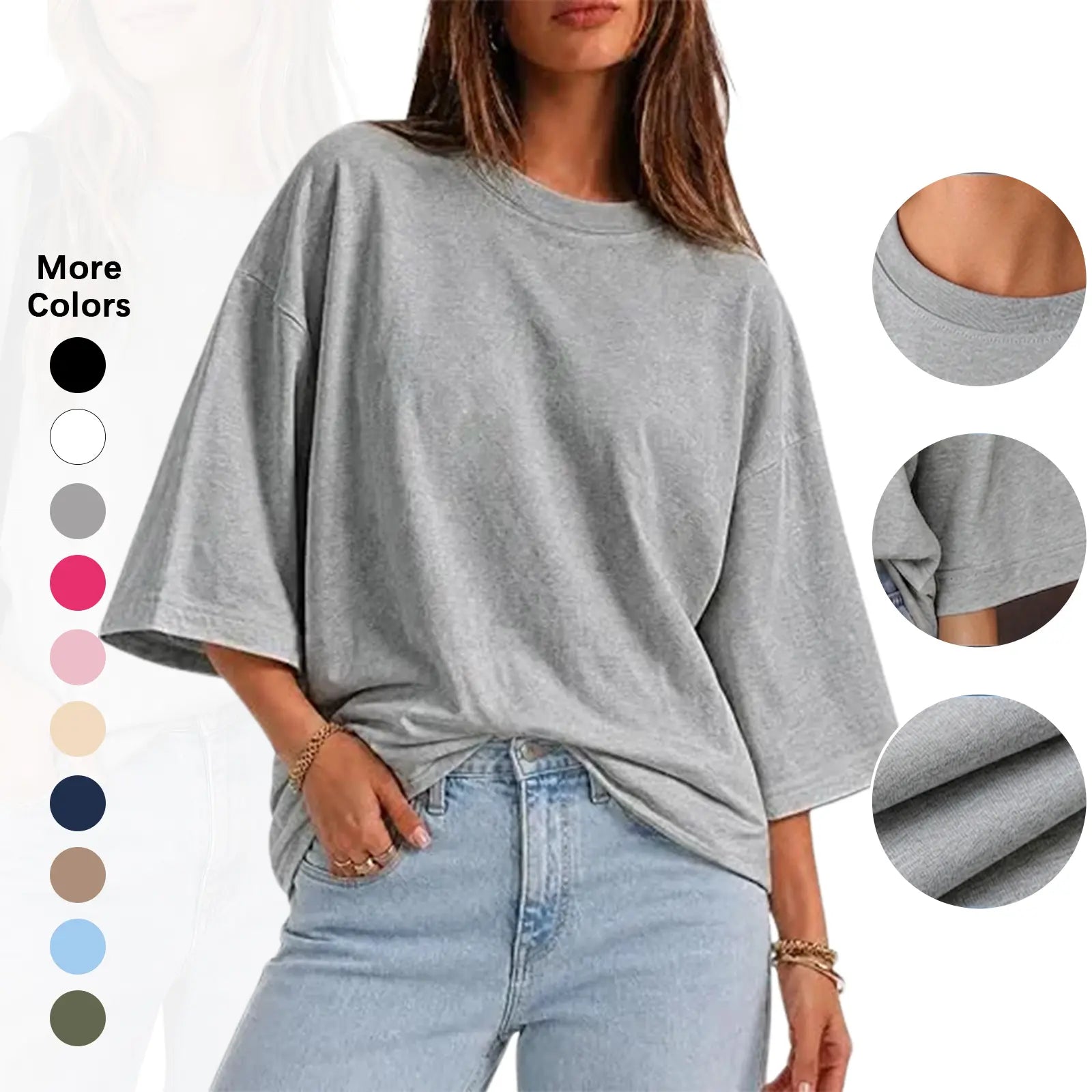 Flowyair Women's Oversized Casual T-Shirt with 3/4 Sleeves - Summer Boxy Loose Fit Crew Neck Basic Top