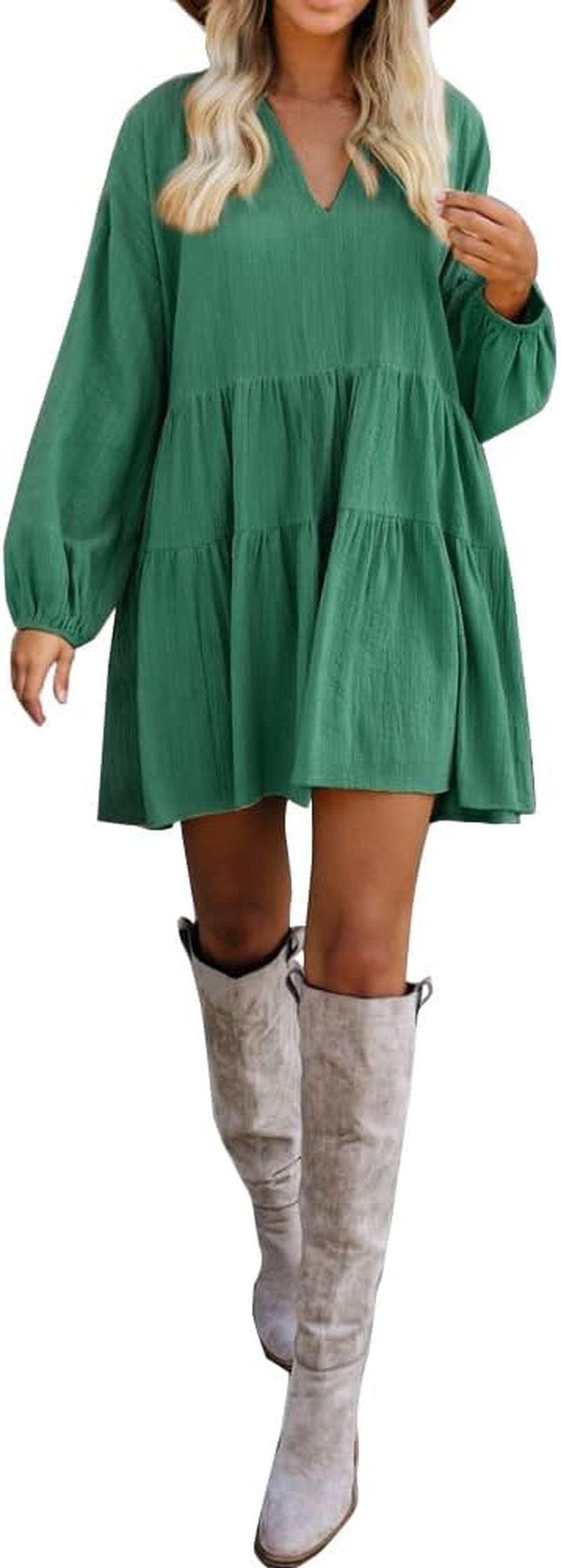 Elegant Ruffle Swing Babydoll Mini Tunic Dress for Women with Pockets and Long Sleeves