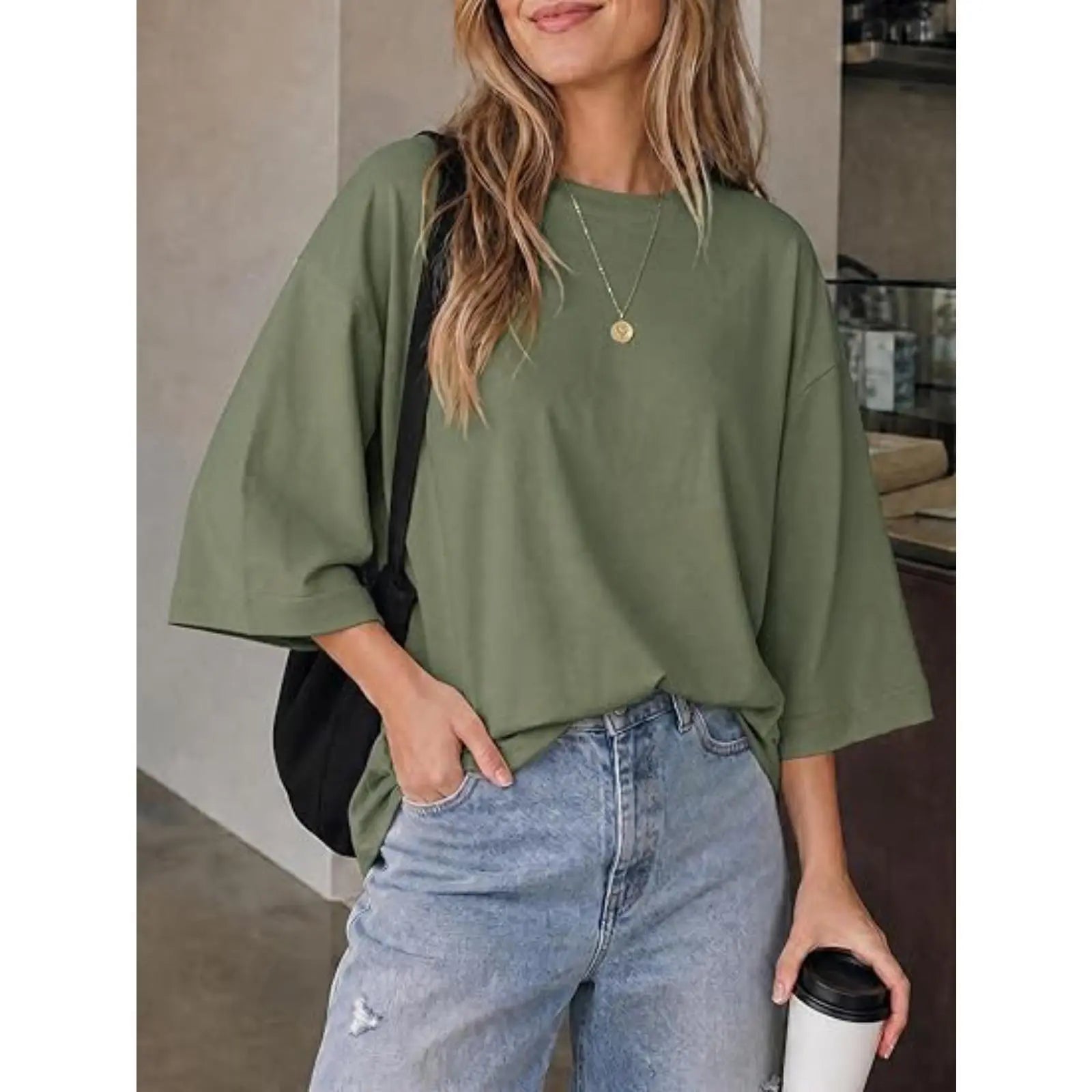 Flowyair Women's Oversized Casual T-Shirt with 3/4 Sleeves - Summer Boxy Loose Fit Crew Neck Basic Top
