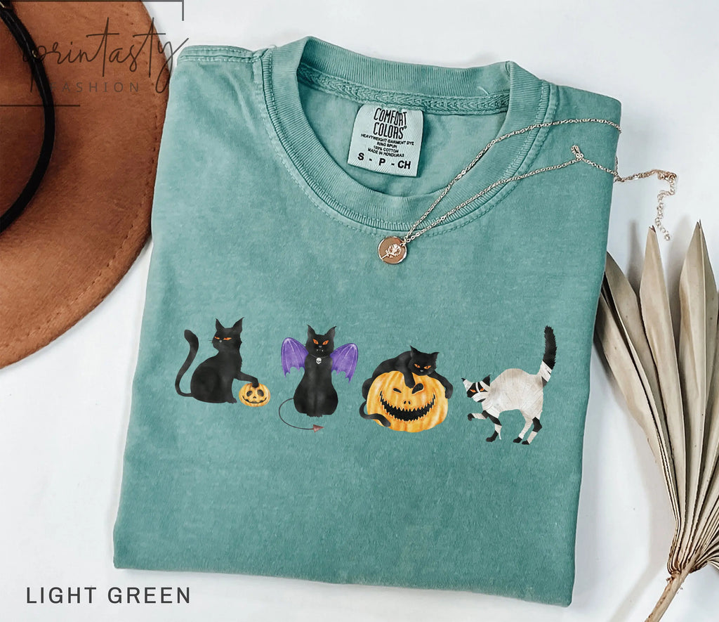 Comfort Colors Women's Halloween T-Shirt Featuring Black Cat and Pumpkin - Perfect Gift for Cat Enthusiasts