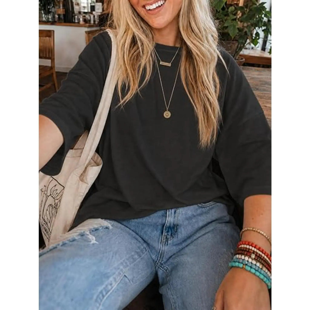 Flowyair Women's Oversized Casual T-Shirt with 3/4 Sleeves - Summer Boxy Loose Fit Crew Neck Basic Top