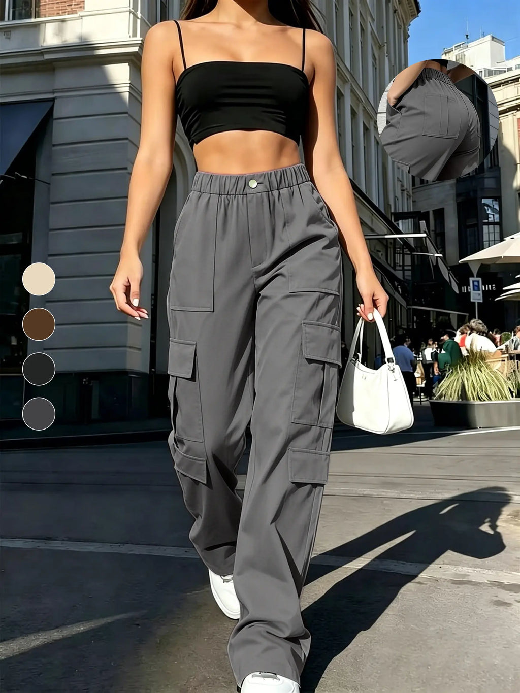 Women's Mid-Rise Cargo Straight-Leg Pants with Elastic Waistband and Large Side Pockets, Versatile Drapey Fabric for Casual Summer Style