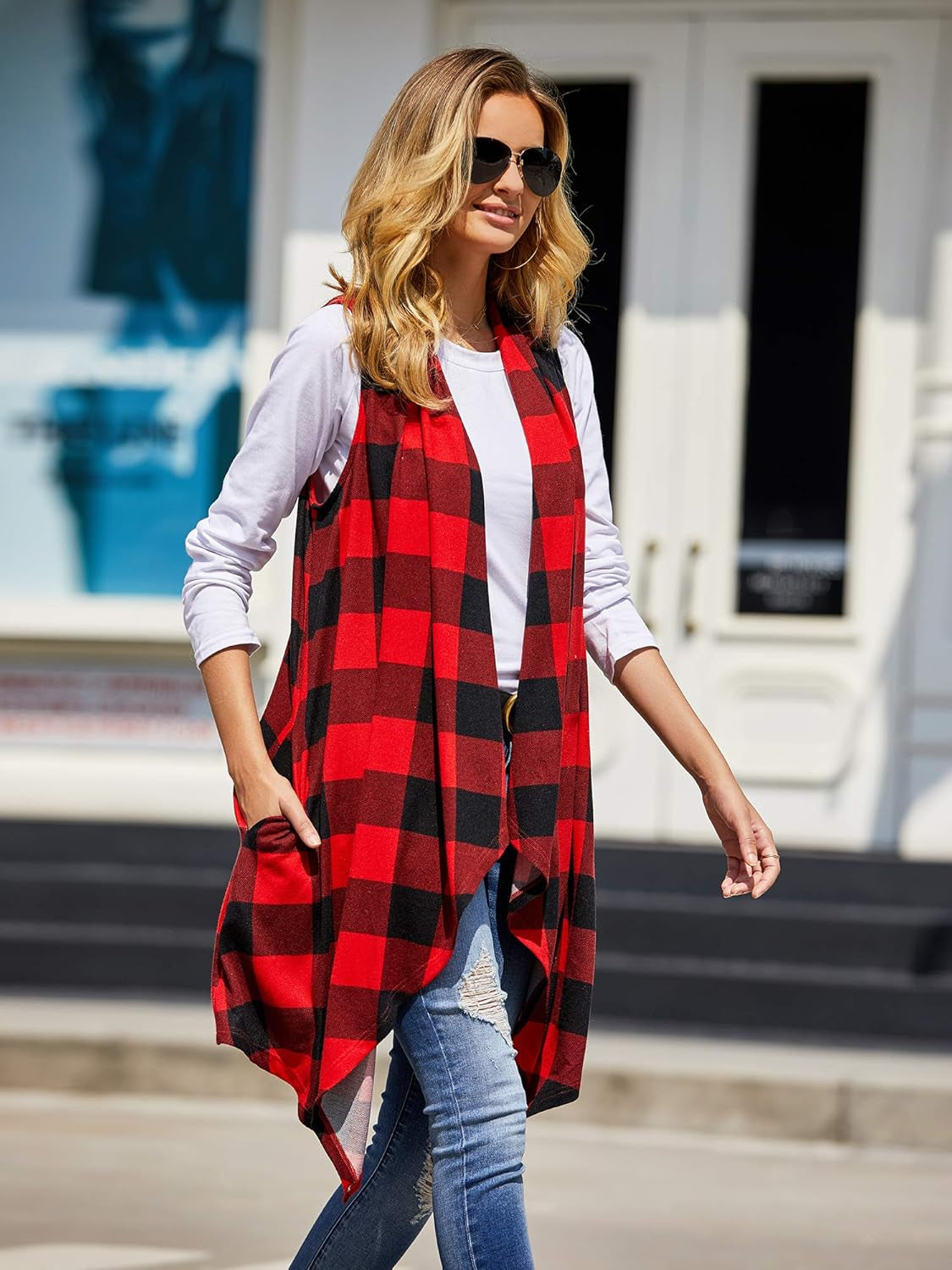 Women's Lightweight Plaid Duster Cardigan Vest with Sleeveless Design and Pockets