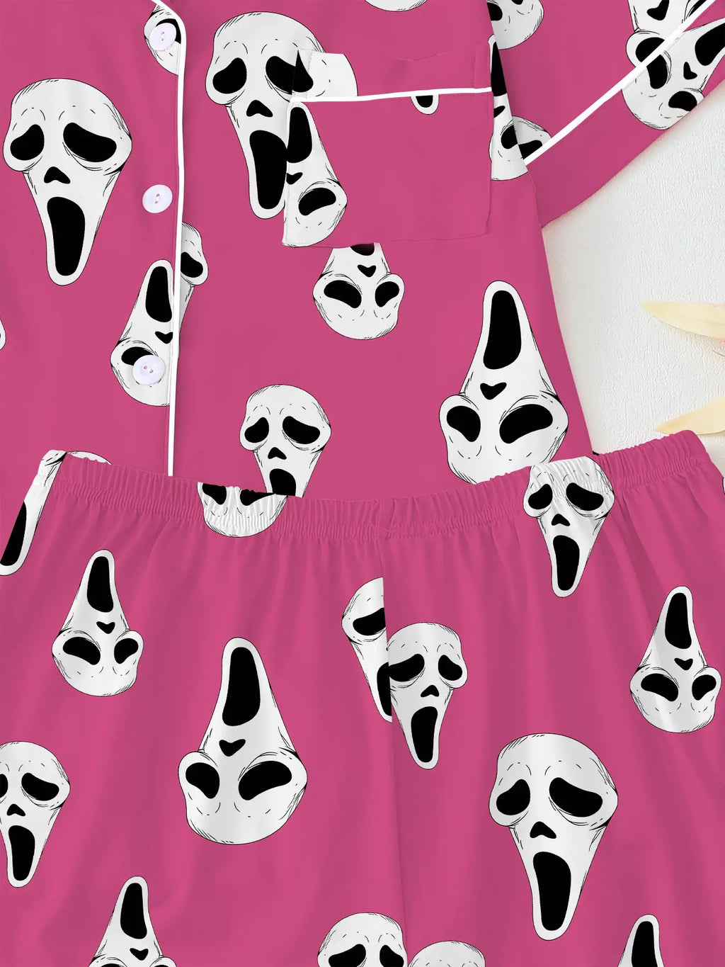 Y2K-Inspired Horror Mask Pajama Set, Ghost Print Sleepwear, Soft Short Sleeve Button-Up Home Attire, Fun Halloween 2-Piece Ensemble, Dark Aesthetic