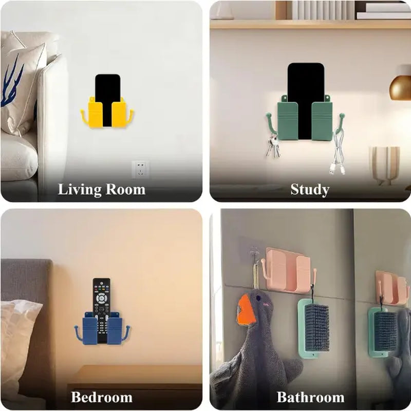 4-Piece Adhesive Wall-Mount Phone Holder Set - Versatile Mobile Accessories with Charging Stand, Remote Control Organizer, Socket Pocket, and Universal Storage Solution for Bedroom and Kitchen