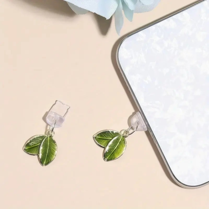 Mobile Phone Dust Plugs - Elegant Leaf Design Pendant for iPhone, Type-C, and Android Devices - Compact and Functional Cell Phone Accessories - Ideal for Gifting and Decoration