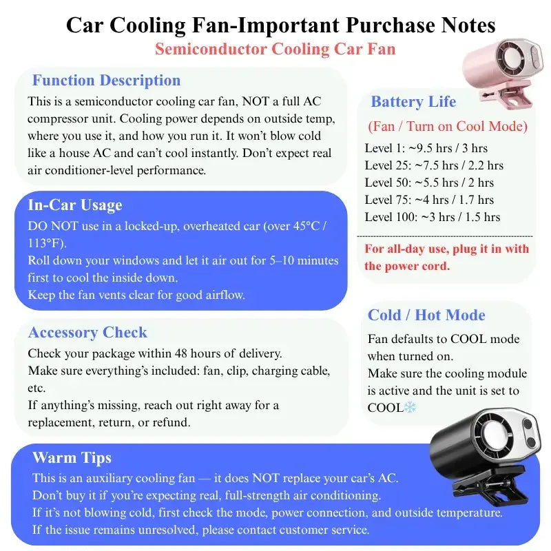 Joytutus 2026 Semiconductor Cooling Car Clip-On Fan with LED Display - 360° Rotation, 100 Speed Settings, USB Rechargeable, 16℃ Semi-Cooling, Wide Clamp, 20-Hour Battery Life, 3000mAh Battery