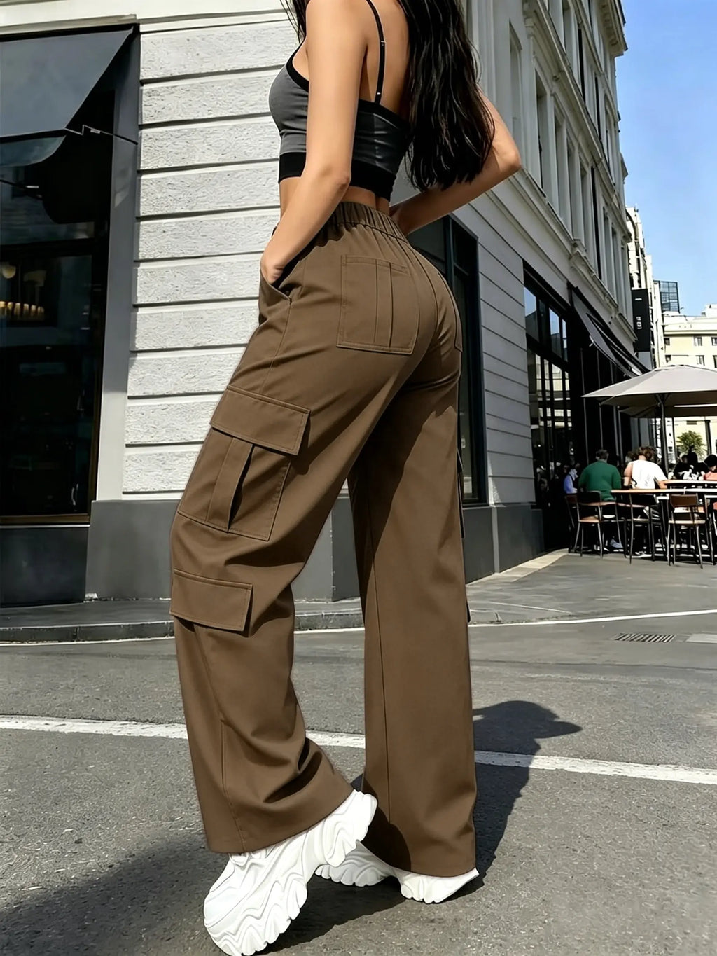 Women's Mid-Rise Cargo Straight-Leg Pants with Elastic Waistband and Large Side Pockets, Versatile Drapey Fabric for Casual Summer Style