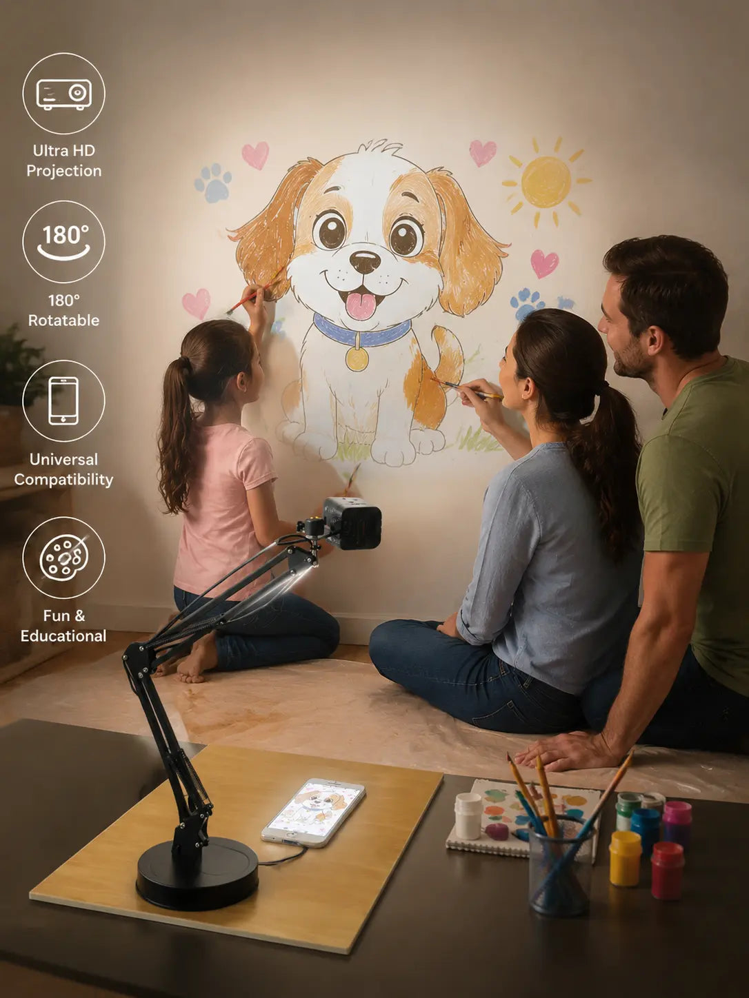 Art Tracing Projector with 360° Adjustable Arm - User-Friendly Digital Drawing Tool for Sketching, Painting, Wall Murals, and Cookie Decoration
