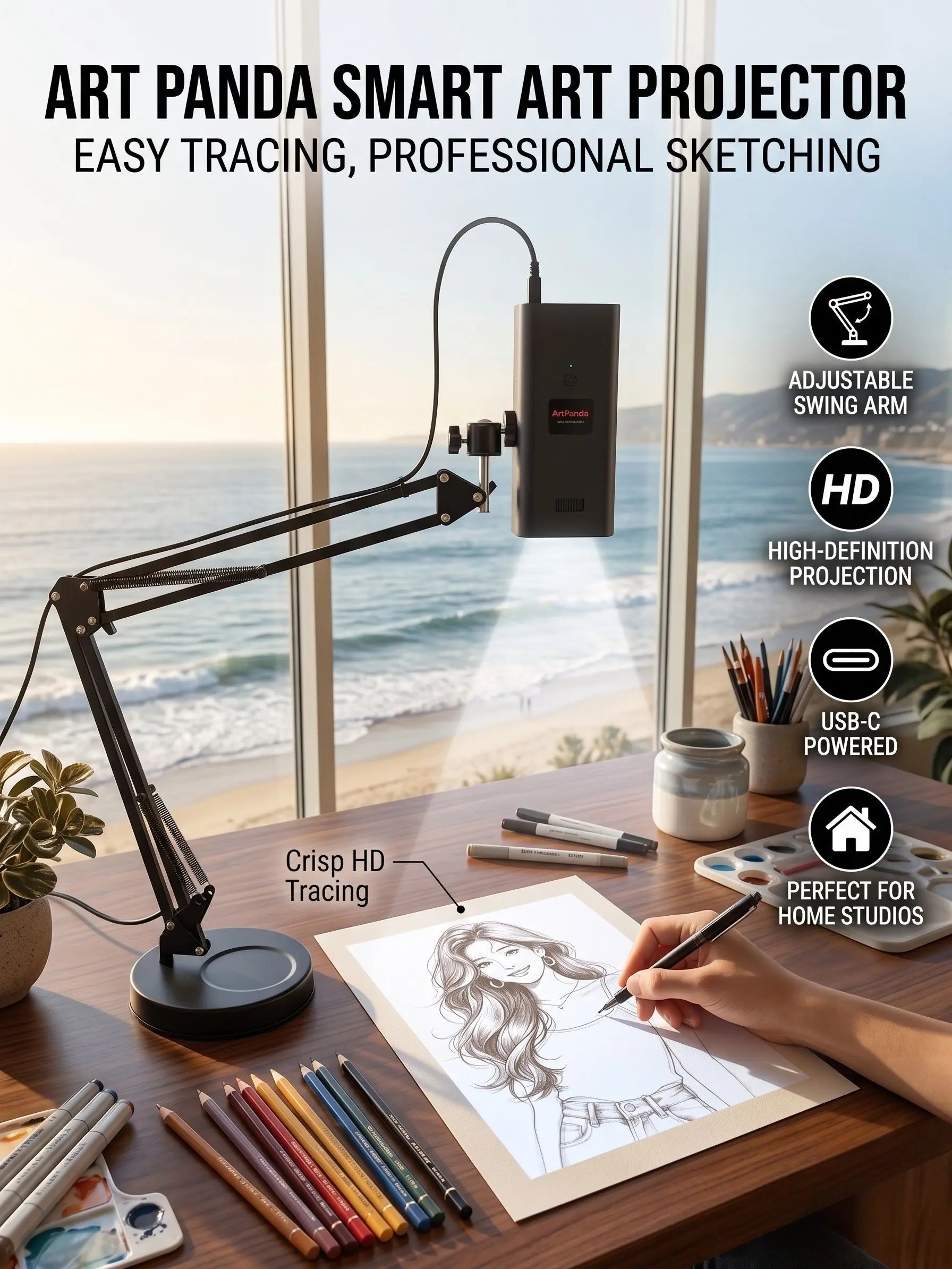 Art Tracing Projector with 360° Adjustable Arm - User-Friendly Digital Drawing Tool for Sketching, Painting, Wall Murals, and Cookie Decoration