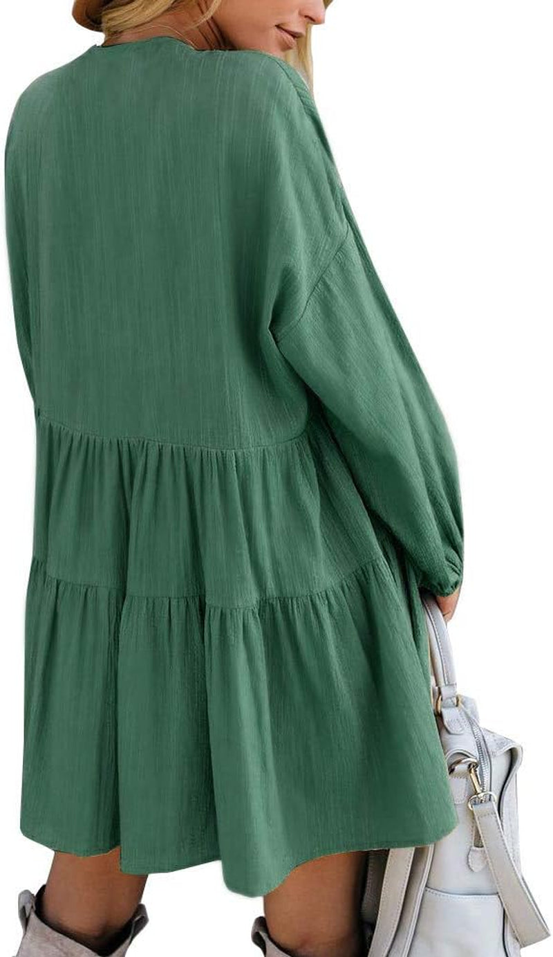 Elegant Ruffle Swing Babydoll Mini Tunic Dress for Women with Pockets and Long Sleeves