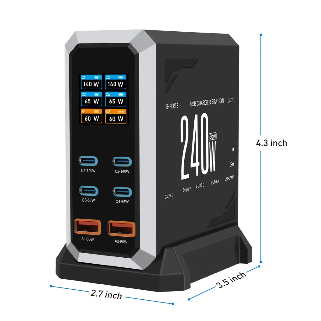 240W Digital USB-C GaN Charging Station with 6 Ports, PD 3.1 140W Fast Charger for MacBook Pro/Air, DELL Laptops, iPhone 17 Pro Max, Samsung Smartphones, and iPads, Black