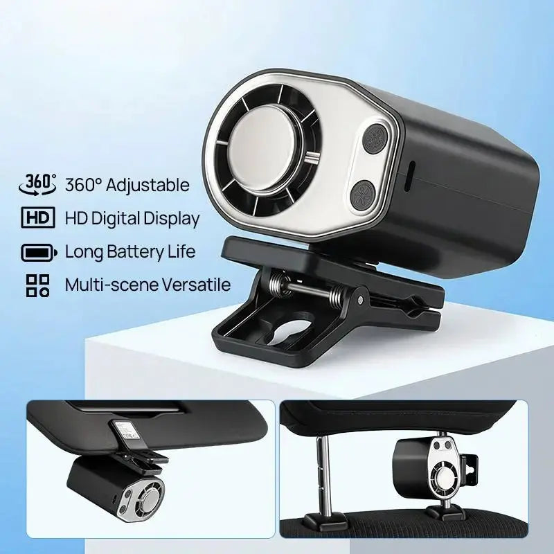 Joytutus 2026 Semiconductor Cooling Car Clip-On Fan with LED Display - 360° Rotation, 100 Speed Settings, USB Rechargeable, 16℃ Semi-Cooling, Wide Clamp, 20-Hour Battery Life, 3000mAh Battery
