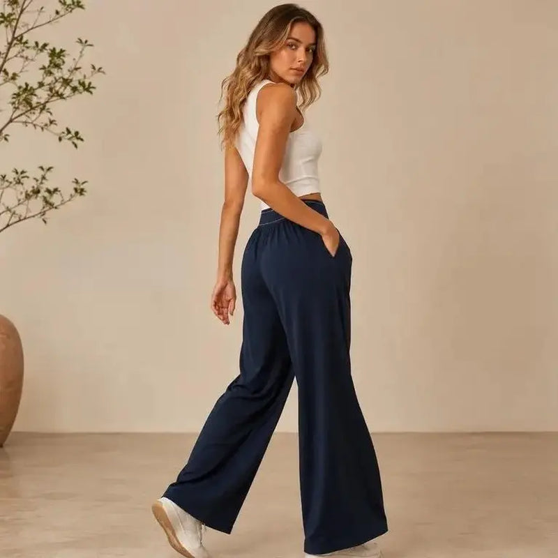 Women's High-Waisted Wide-Leg Lounge Sweatpants with Pockets - Lightweight Stretch Fabric and Elastic Waistband for Comfortable Casual Wear, Yoga, and Travel