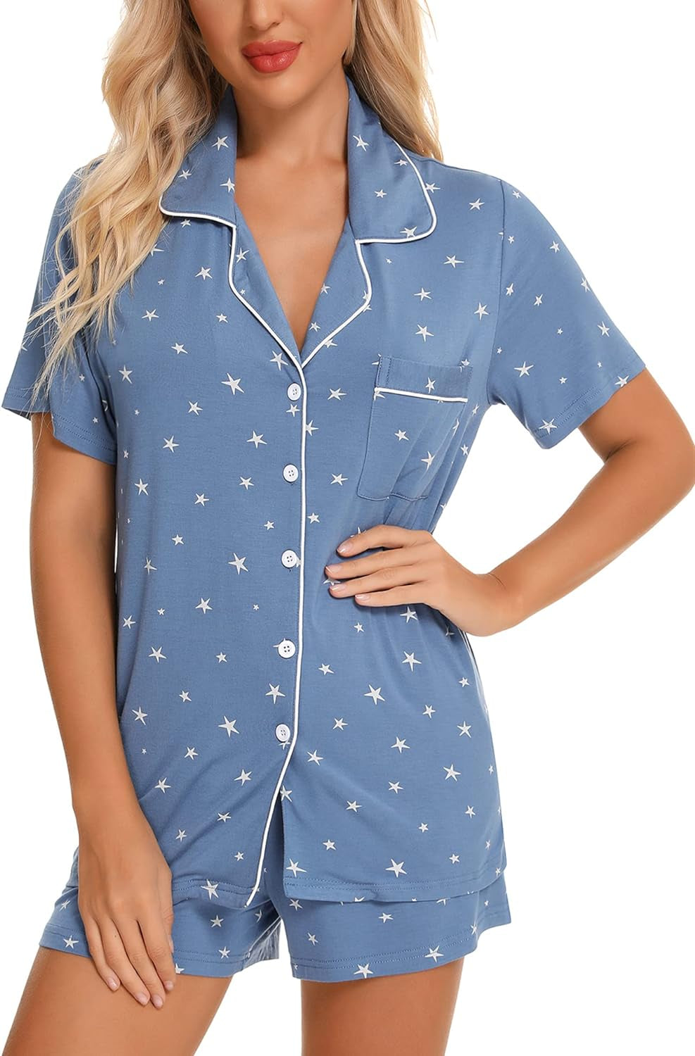 Women's Short Sleeve Pajama Set - Button Down Sleepwear with Shorts, Soft Fabric, Available in Sizes S-XXL