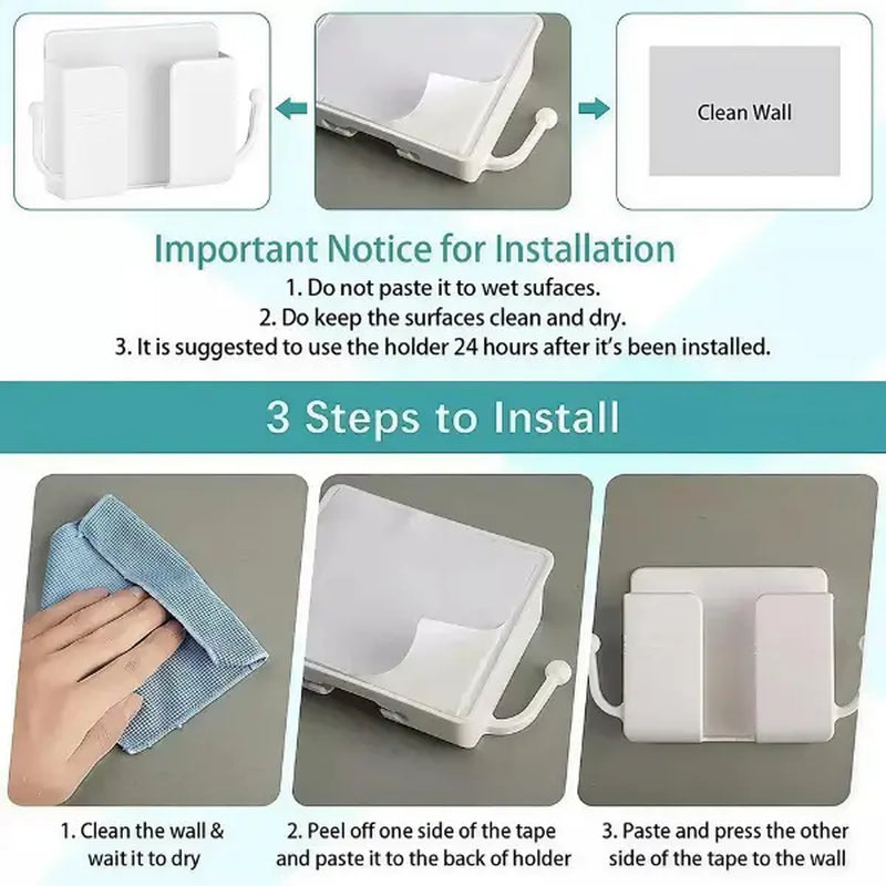 4-Piece Adhesive Wall-Mount Phone Holder Set - Versatile Mobile Accessories with Charging Stand, Remote Control Organizer, Socket Pocket, and Universal Storage Solution for Bedroom and Kitchen