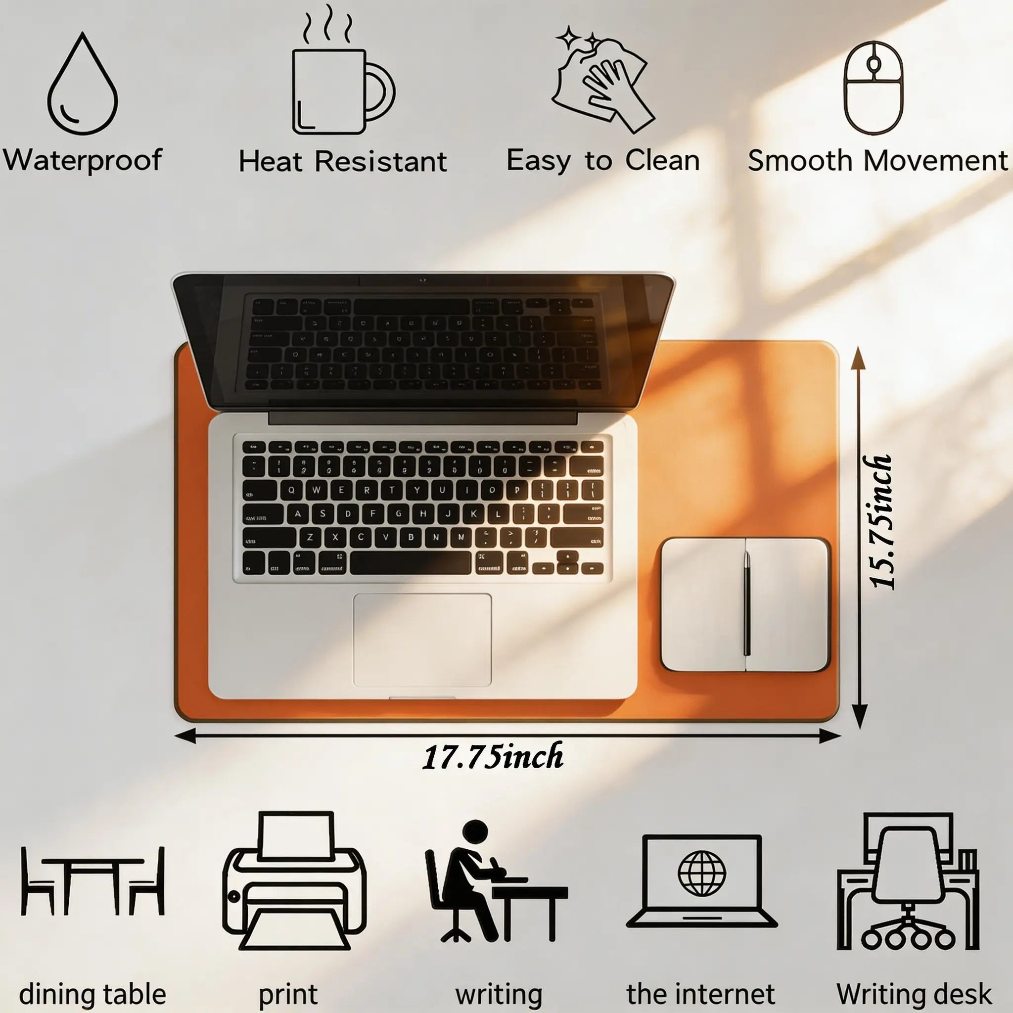 Premium Vibrant Orange Desk Mat with Stitched Edges, Non-Slip Base, Water-Resistant Surface for Office and Gaming, Easy to Clean