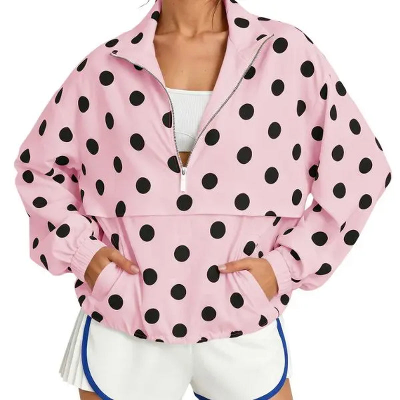 Fisoew Women's Oversized Polka Dot Half-Zip Pullover Jacket - Lightweight Windbreaker Sweatshirt for Casual Fall Streetwear