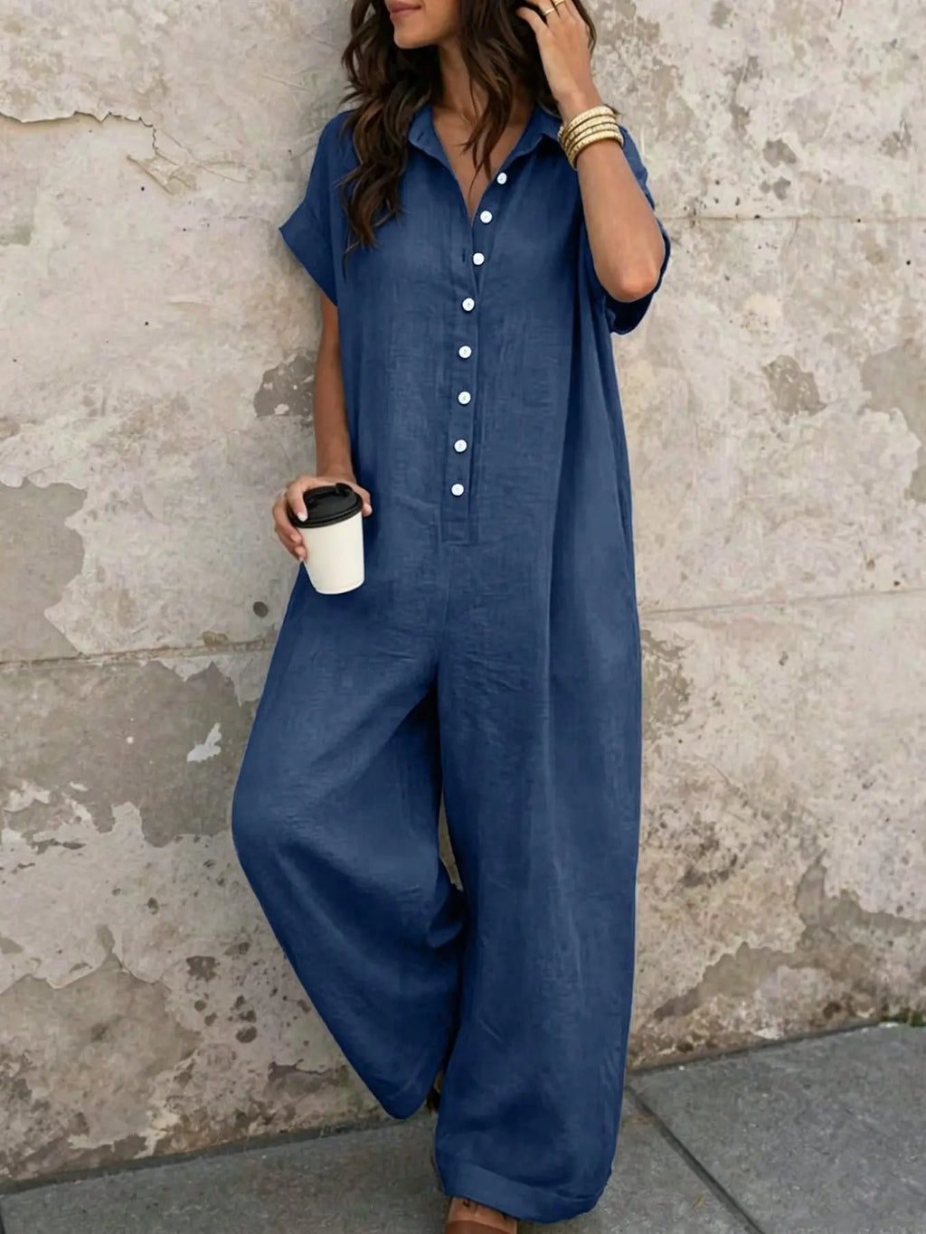 Women's Casual Loose-Fitting Button-Up Jumpsuit with Short Sleeves and Wide Leg Design for Summer