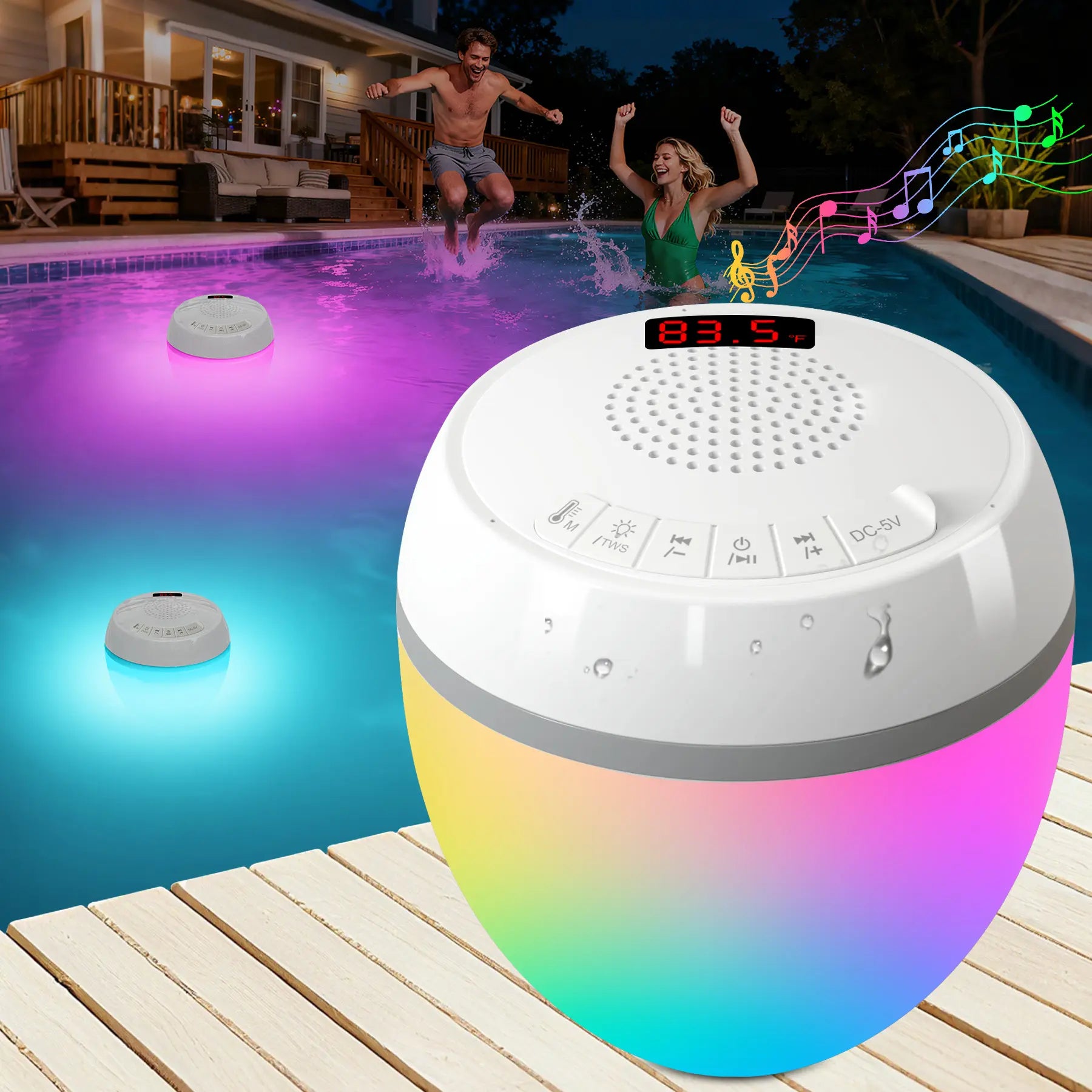 3-in-1 Floating Pool Speaker with Digital Water Thermometer, IP68 Waterproof TWS Technology, and Color LED Lights for Pool, Hot Tub, and Spa - White