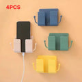 4-Piece Adhesive Wall-Mount Phone Holder Set - Versatile Mobile Accessories with Charging Stand, Remote Control Organizer, Socket Pocket, and Universal Storage Solution for Bedroom and Kitchen