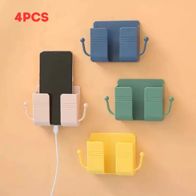 4-Piece Adhesive Wall-Mount Phone Holder Set - Versatile Mobile Accessories with Charging Stand, Remote Control Organizer, Socket Pocket, and Universal Storage Solution for Bedroom and Kitchen