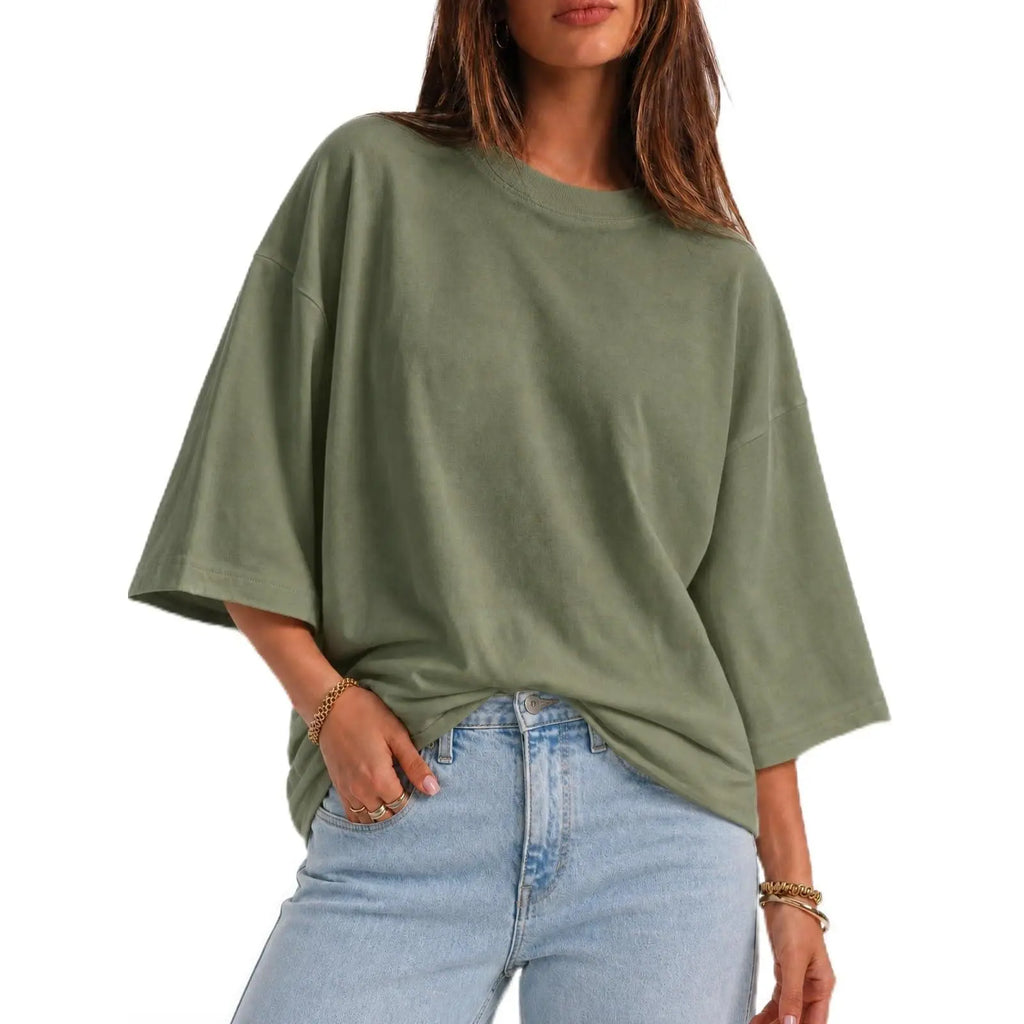 Flowyair Women's Oversized Casual T-Shirt with 3/4 Sleeves - Summer Boxy Loose Fit Crew Neck Basic Top