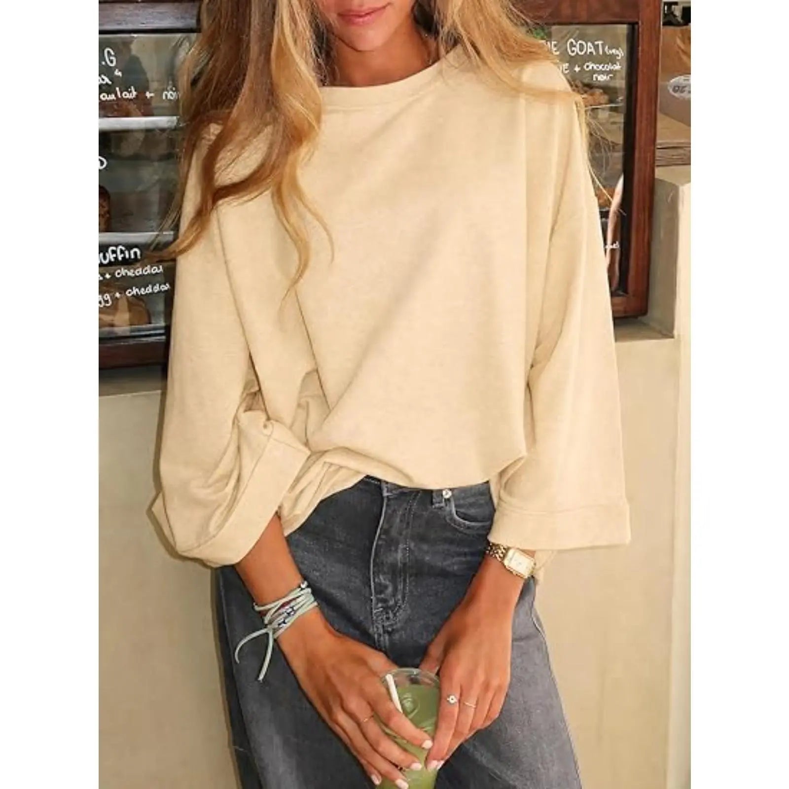 Flowyair Women's Oversized Casual T-Shirt with 3/4 Sleeves - Summer Boxy Loose Fit Crew Neck Basic Top