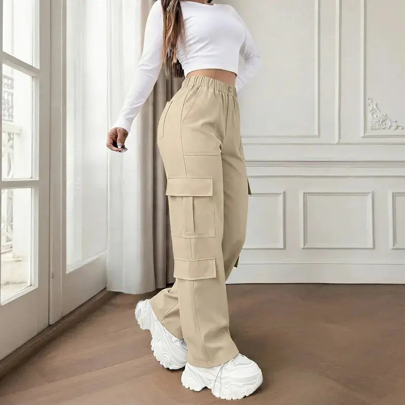 Women's Mid-Rise Cargo Straight-Leg Pants with Elastic Waistband and Large Side Pockets, Versatile Drapey Fabric for Casual Summer Style