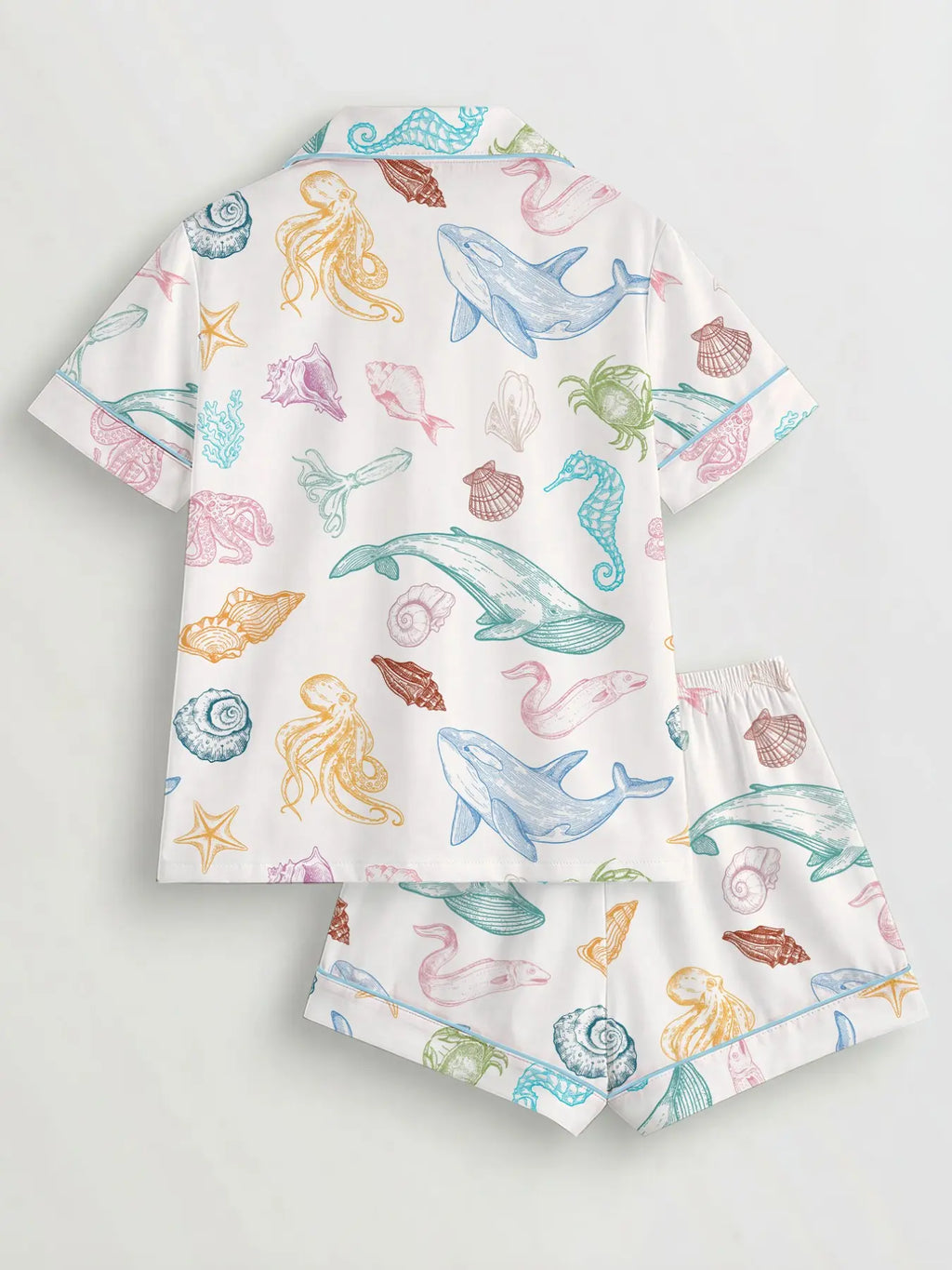 Women's Ocean-Themed Pajama Set: Short Sleeve Button-Up Shirt and Elastic Waist Shorts, Comfortable Casual Sleepwear for Year-Round Wear
