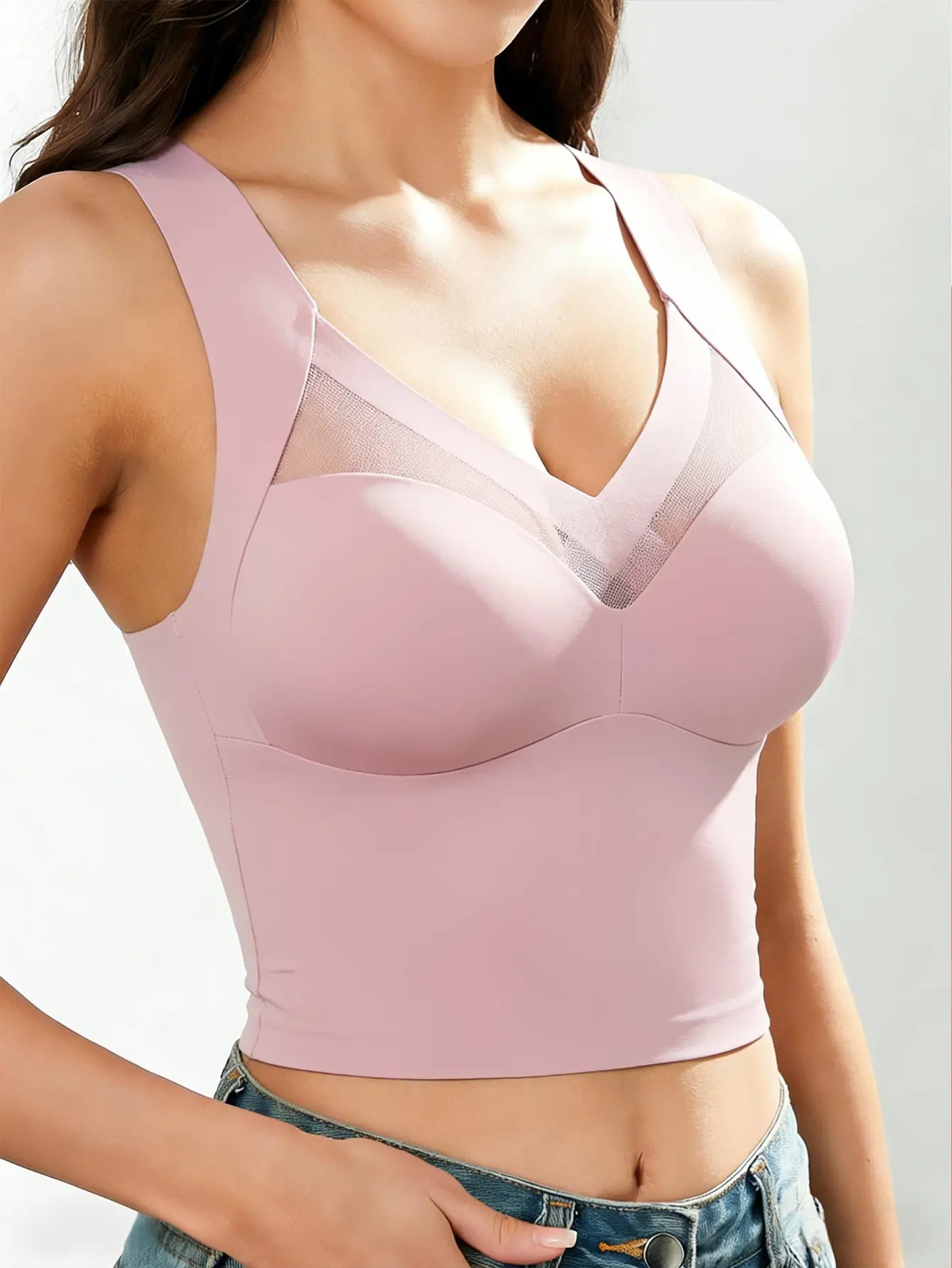 Esselegance Women's Luxury Seamless Longline Bra - Sophisticated Mesh Plunge V-Neck Wirefree Bralette - Premium Smoothing Shapewear Crop Top with Built-In Support - Elegant Wide Strap Push-Up Everyday Camisole - Invisible High-End Essentials