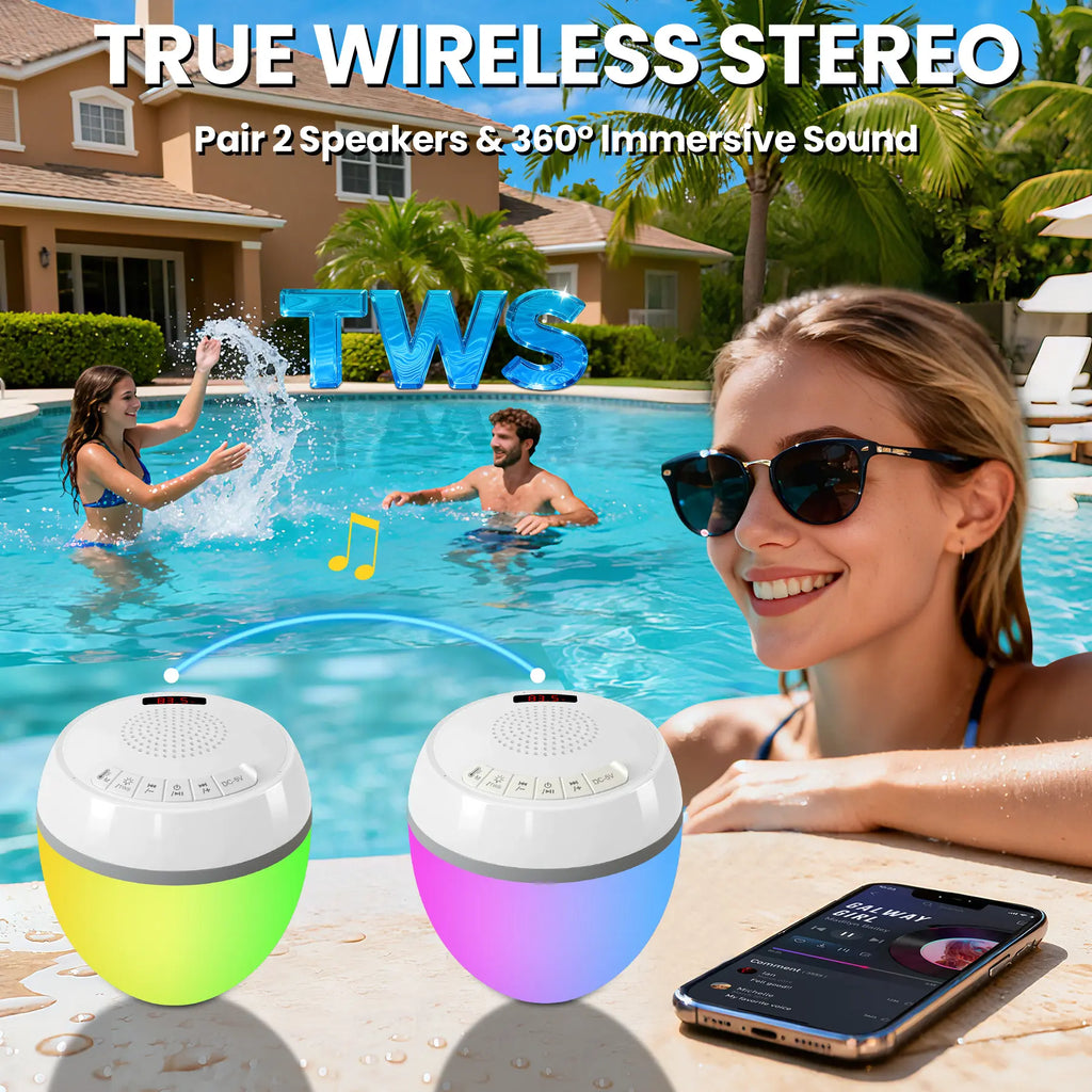 3-in-1 Floating Pool Speaker with Digital Water Thermometer, IP68 Waterproof TWS Technology, and Color LED Lights for Pool, Hot Tub, and Spa - White