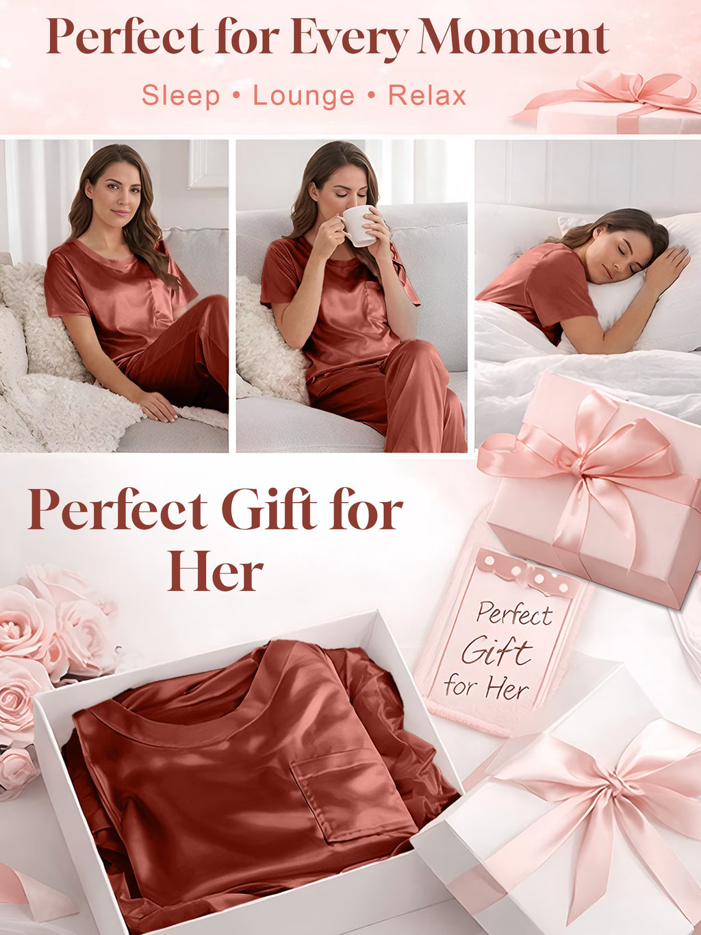 Women's Silk Satin Two-Piece Pajama Set: Short Sleeve Shirt and Long Pants, Soft Sleepwear Loungewear, Available in Caramel and Sizes S-XXL