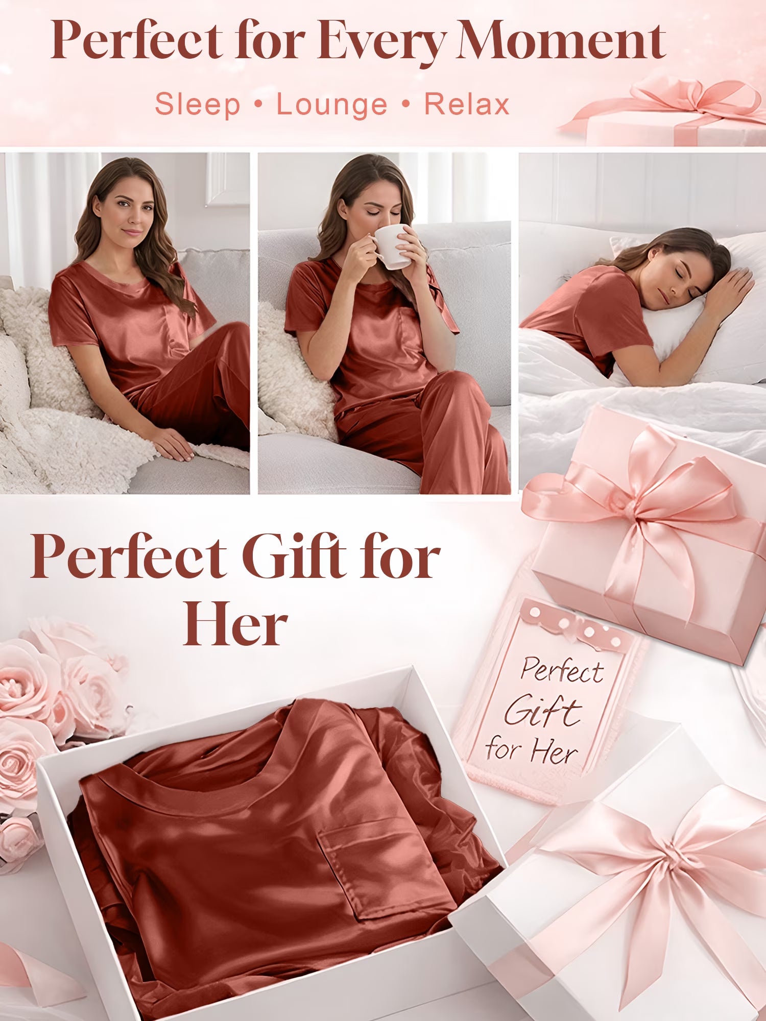 Women's Silk Satin Two-Piece Pajama Set: Short Sleeve Shirt and Long Pants, Soft Sleepwear Loungewear, Available in Caramel and Sizes S-XXL