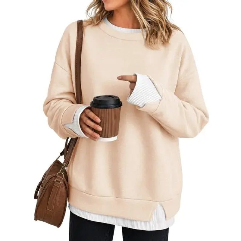 Fisoew Women's Oversized Layered Sweatshirt with Crew Neck and Ribbed Cuffs, Casual Drop Shoulder Pullover Hoodie