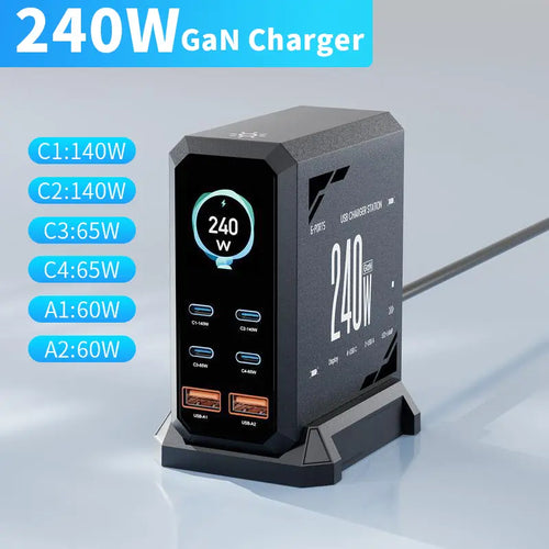 240W Digital USB-C GaN Charging Station with 6 Ports, PD 3.1 140W Fast Charger for MacBook Pro/Air, DELL Laptops, iPhone 17 Pro Max, Samsung Smartphones, and iPads, Black