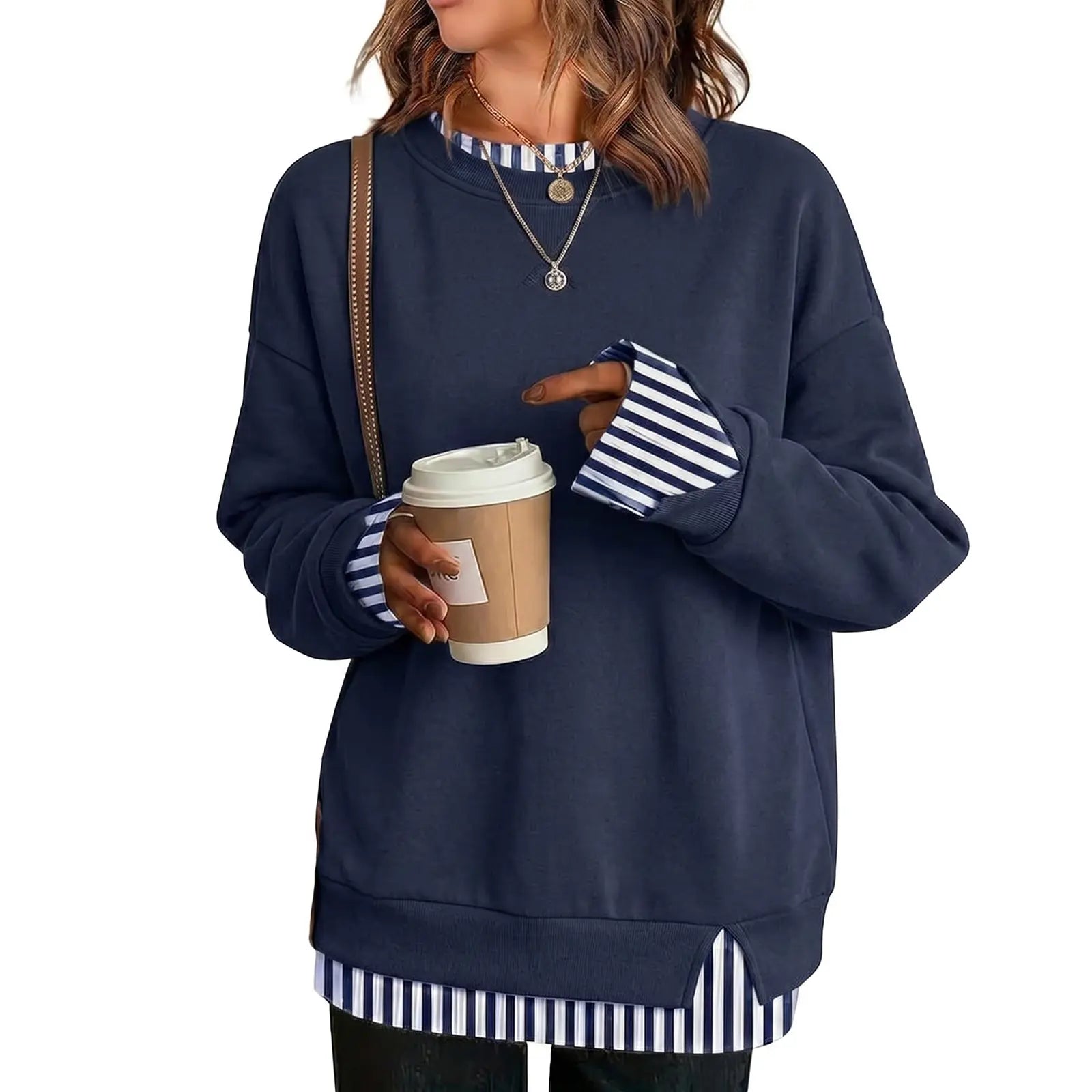 Fisoew Women's Oversized Layered Sweatshirt with Crew Neck and Ribbed Cuffs, Casual Drop Shoulder Pullover Hoodie