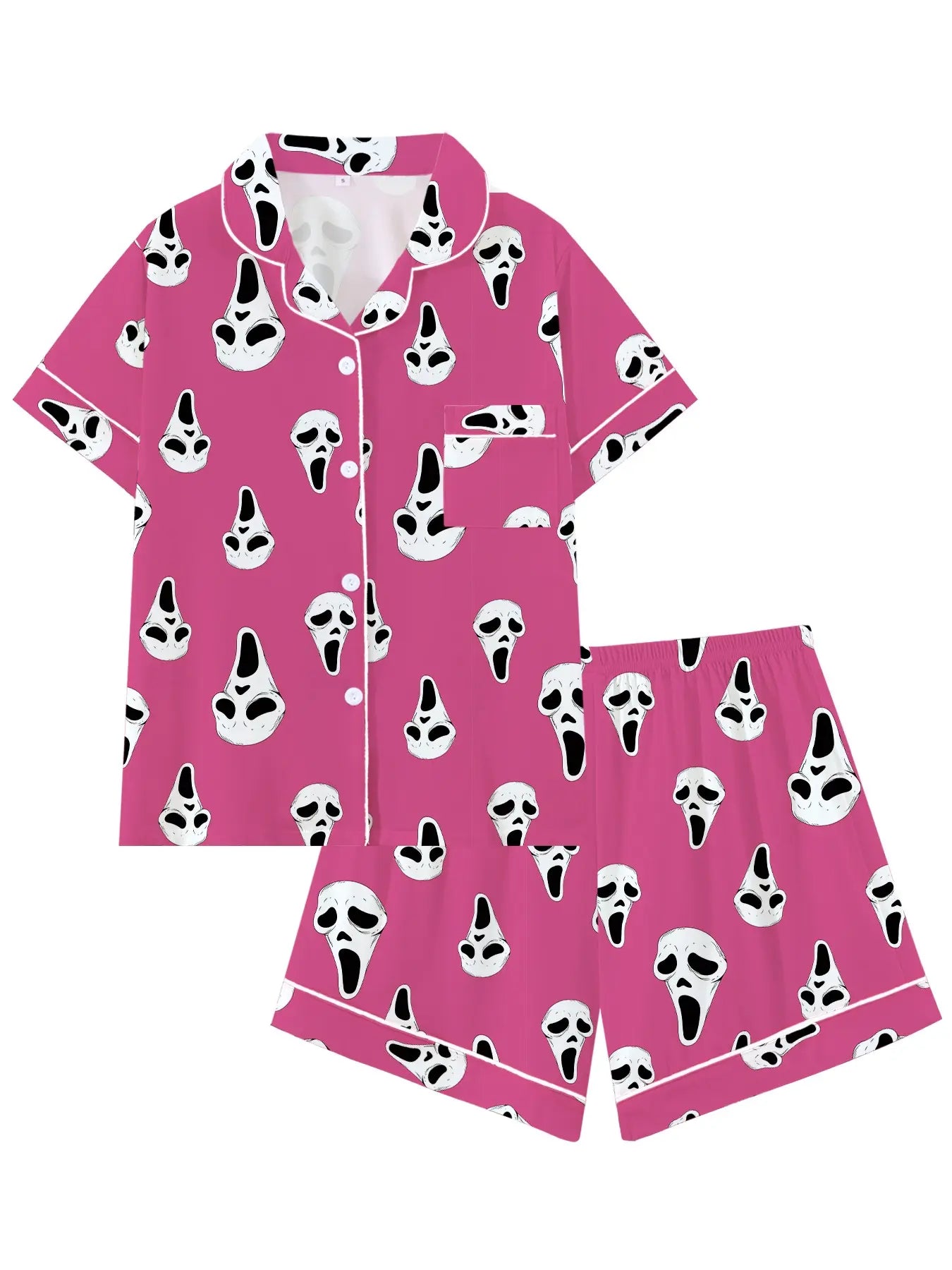Y2K-Inspired Horror Mask Pajama Set, Ghost Print Sleepwear, Soft Short Sleeve Button-Up Home Attire, Fun Halloween 2-Piece Ensemble, Dark Aesthetic