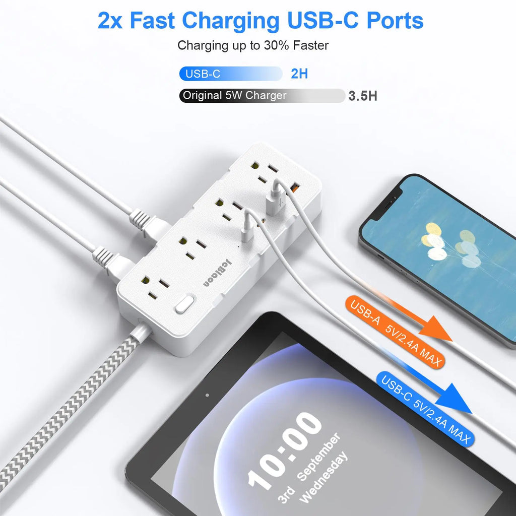 Surge Protector Power Strip with Flat Plug, 8 Outlets and 4 USB Ports (2 USB-C), 45° Ultra Thin Design, 5FT Cord, Wall Mountable for Office, Travel, and Dorm Use